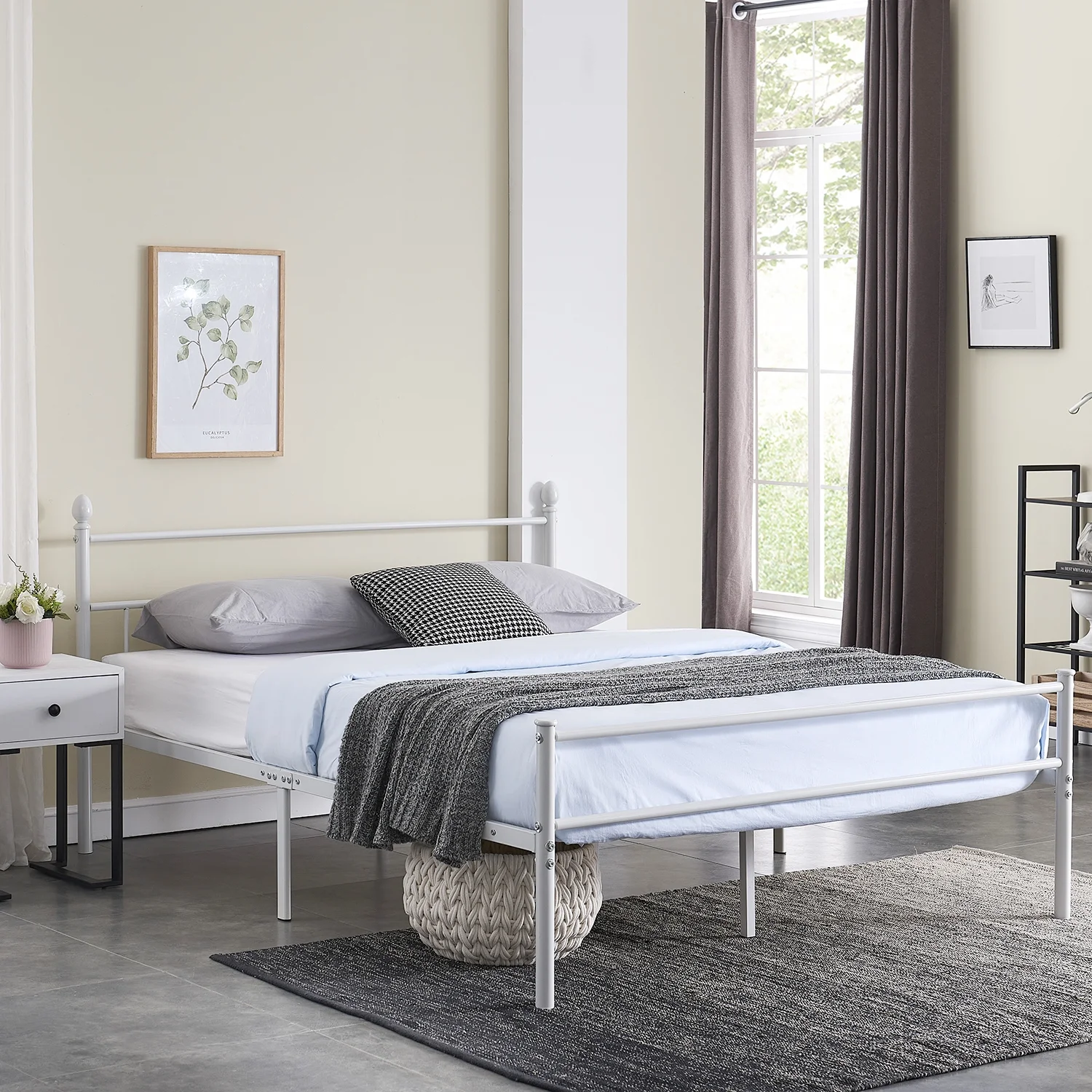 VECELO Metal Platform Bed Frame with Headboard and  Footboard, No box Spring Needed, Queen Size, White