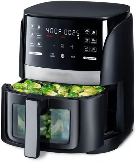 FM 6-Qt Digital Window Air Fryer with 12 Presets & Guided Cooking Black, Easy to Clean, Dishwasher Safe, Nonstick
