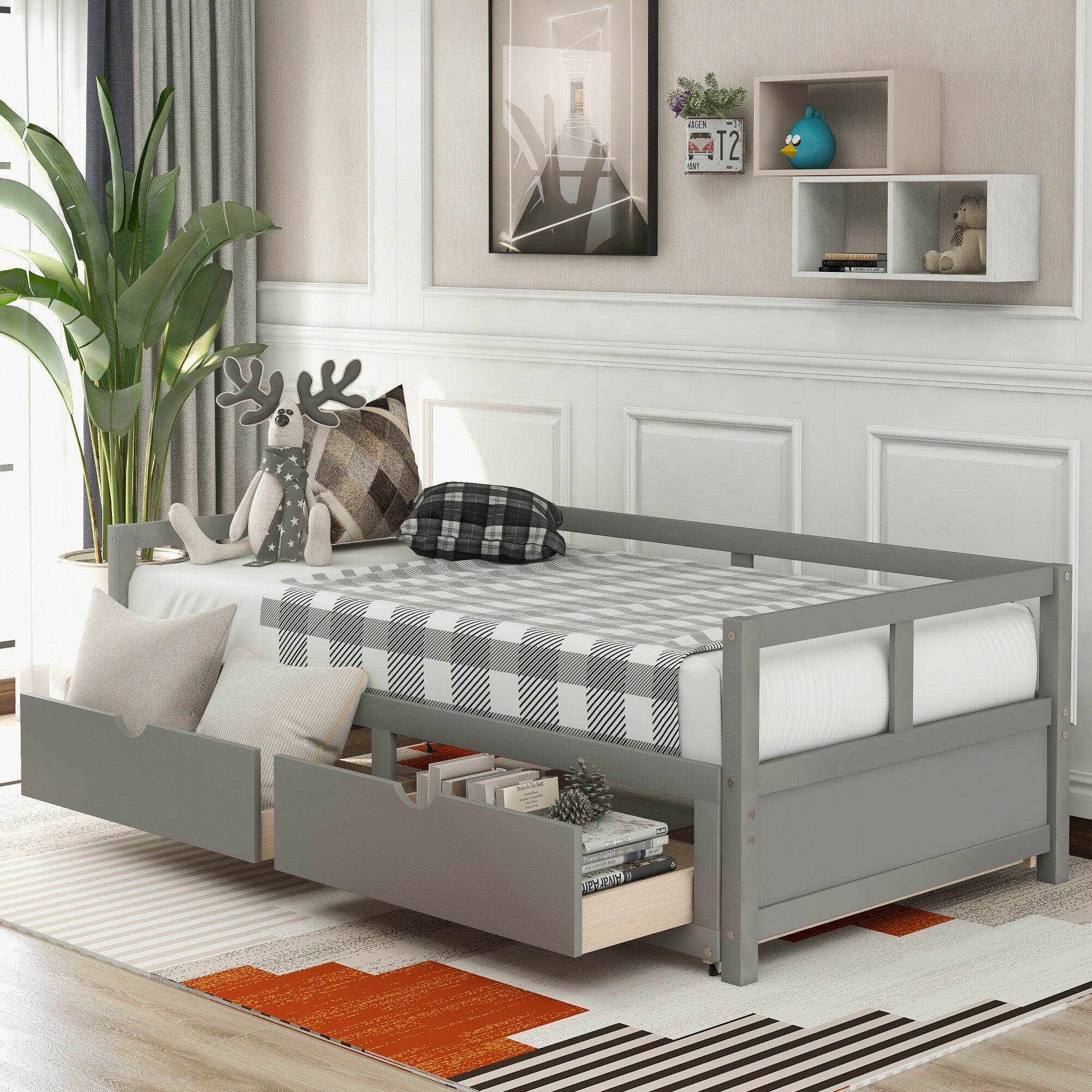 Gray Sturdy & Durable Wooden Daybed with Trundle Bed and Two Storage Drawers , Extendable Bed ,Sofa Bed for Bedroom Living Room