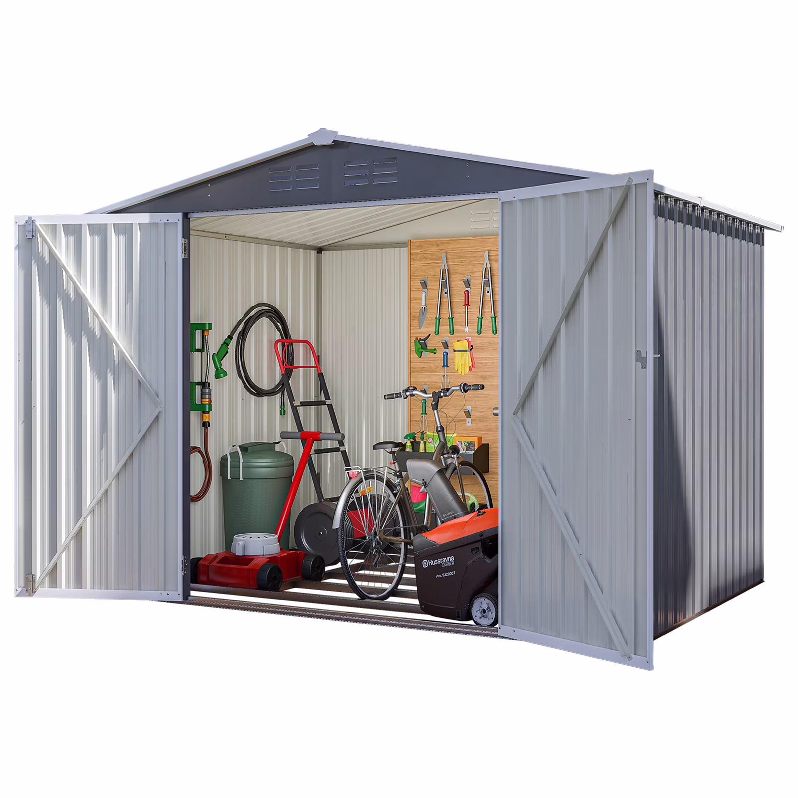 SYTHERS 8' x 6' All Weather Outdoor Storage Shed, Metal Garden Tool Sheds for Garden, Patio, Backyard, Lawn, Grey