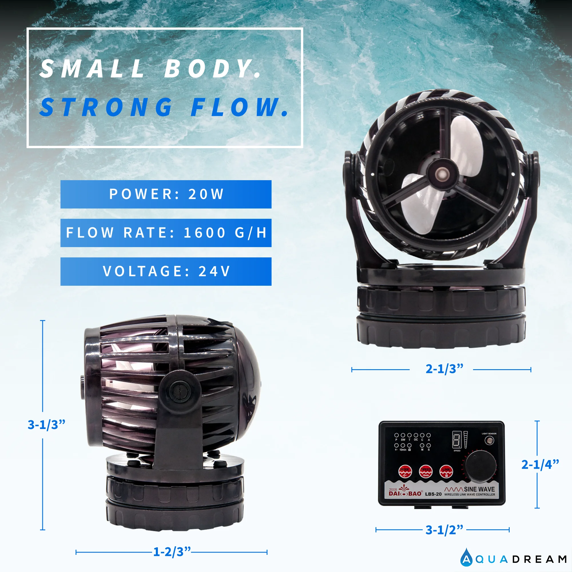 Aqua Dream 24v Dc Sine WaveMaker Pump Marine Aquarium Coral Reef 1600 GPH