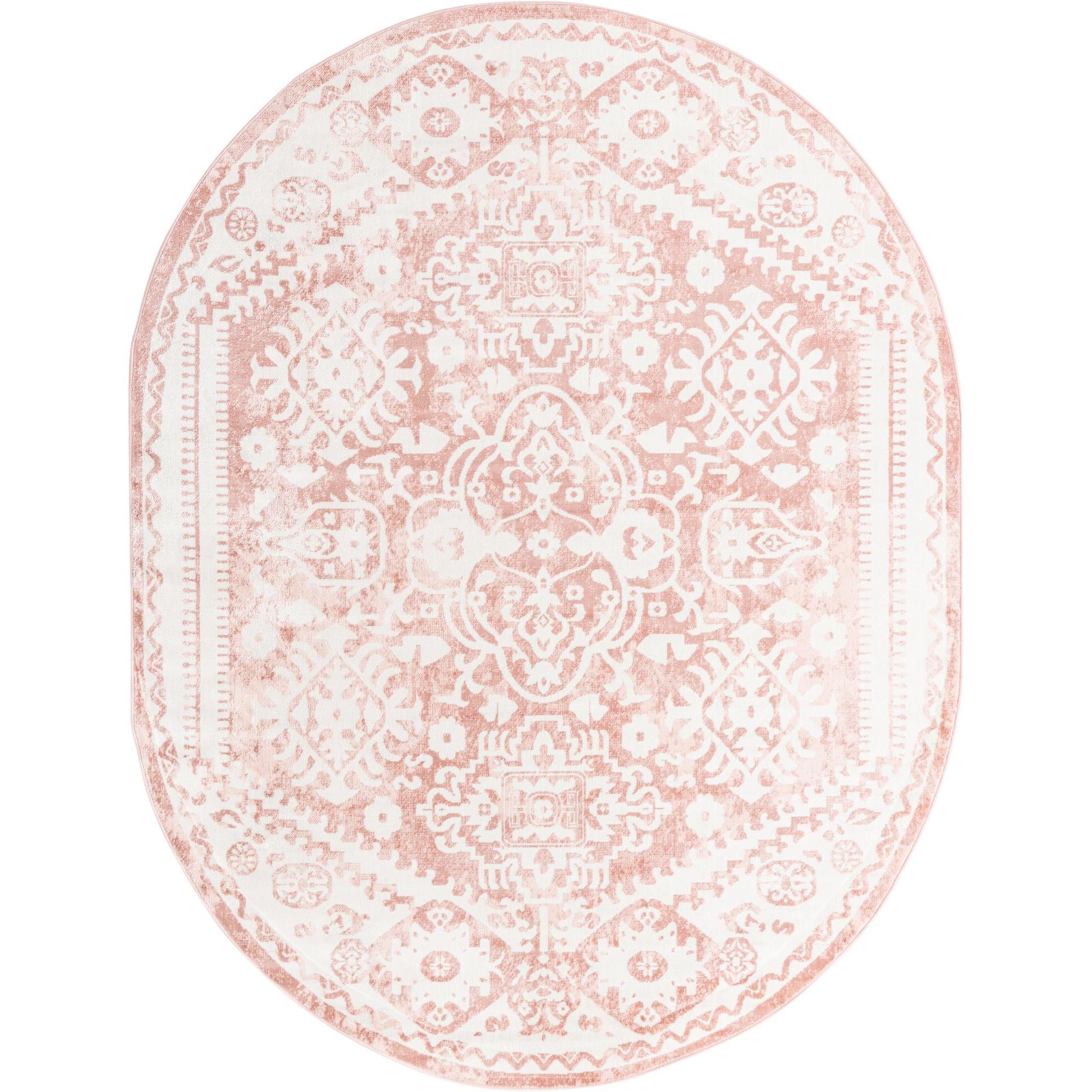 Unique Loom Radcliffe Oxford Rug Pink/Ivory 8' x 10' Oval Border Bohemian Perfect For Dining Room Bed Room Kids Room Play Room