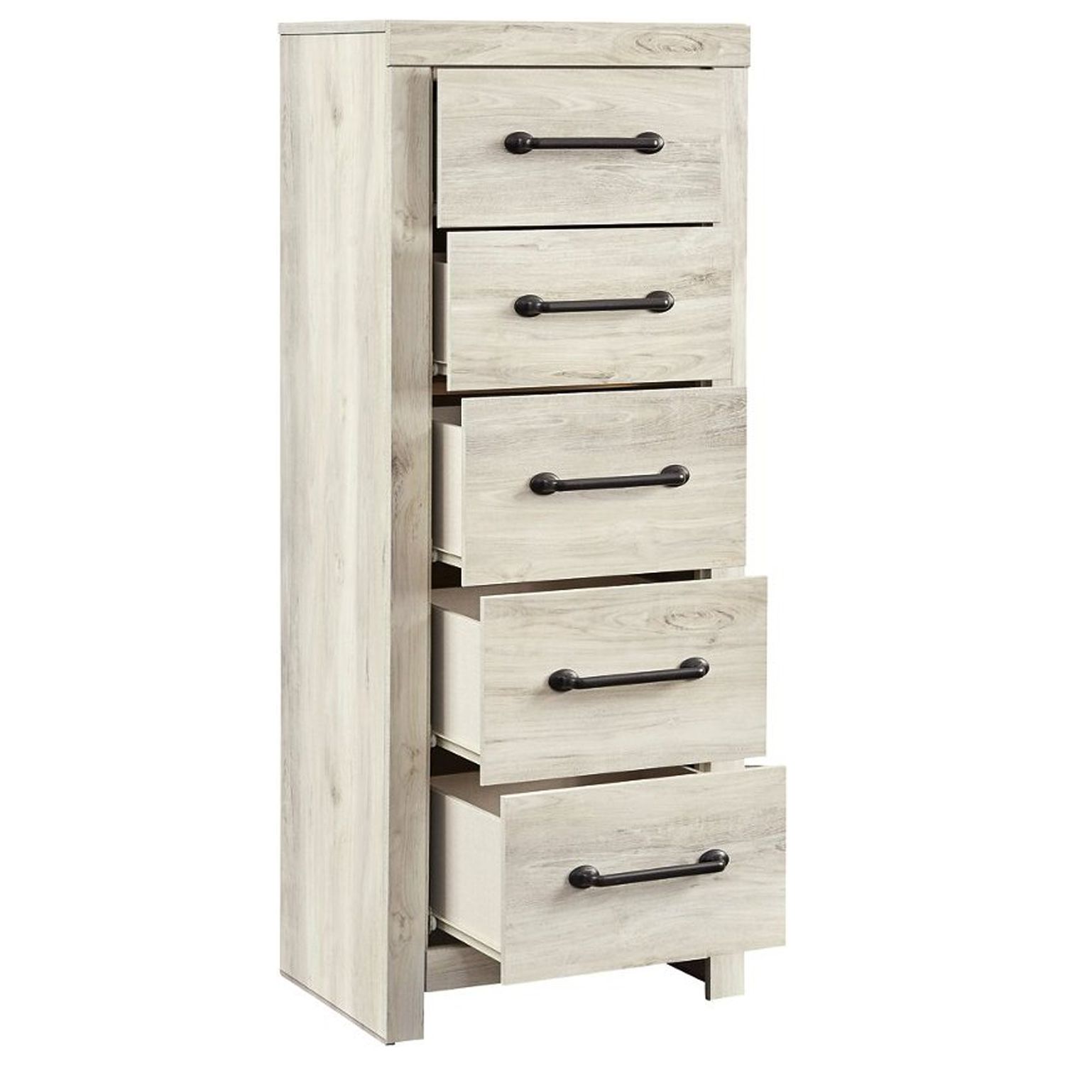 Grained 5 Drawer Wooden Chest with Bar Pull Handles, Distressed White