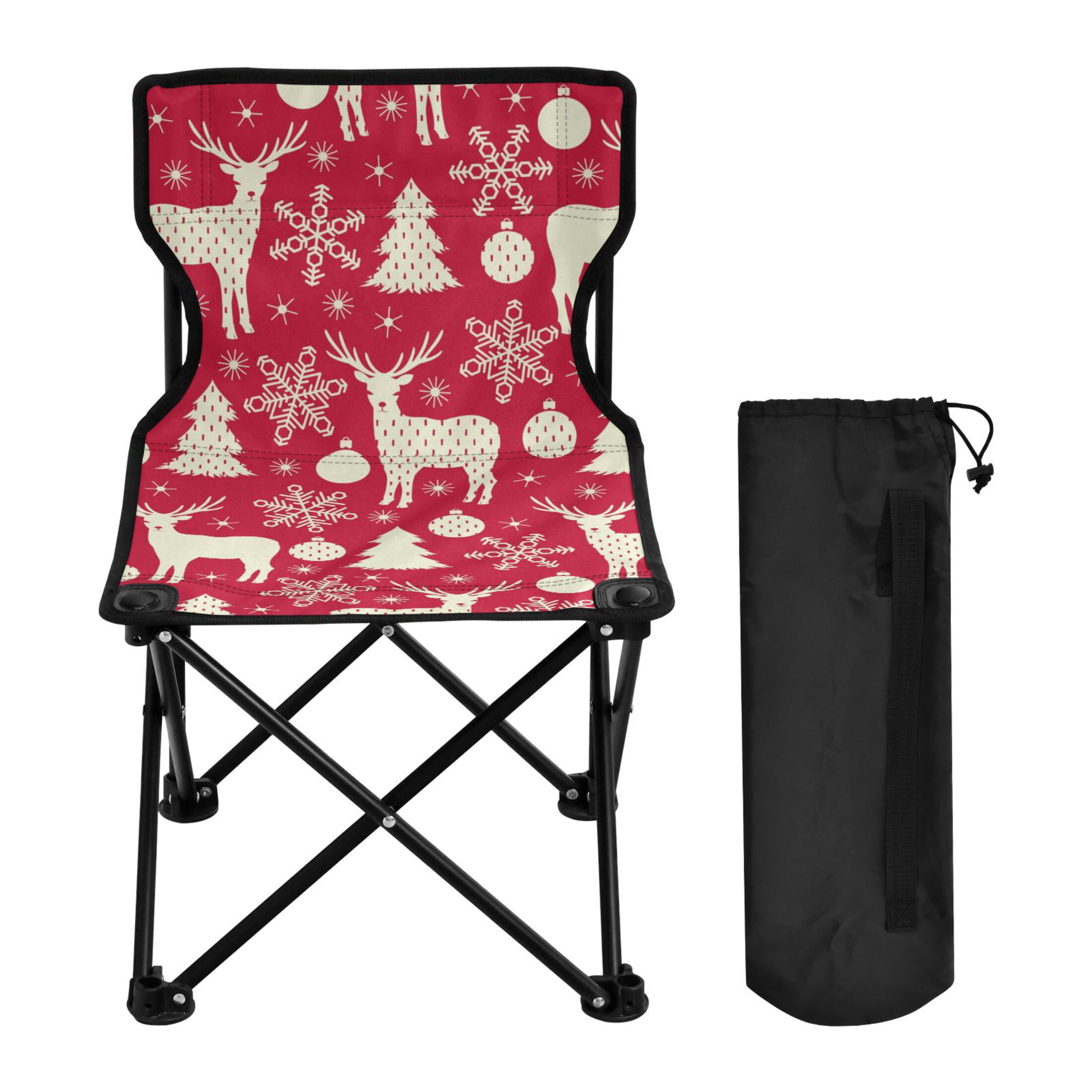 Red Christmas Deers Portable Camping Chair Outdoor Folding Beach Chair Fishing Chair Lawn Chair with Carry Bag Support to 220LBS