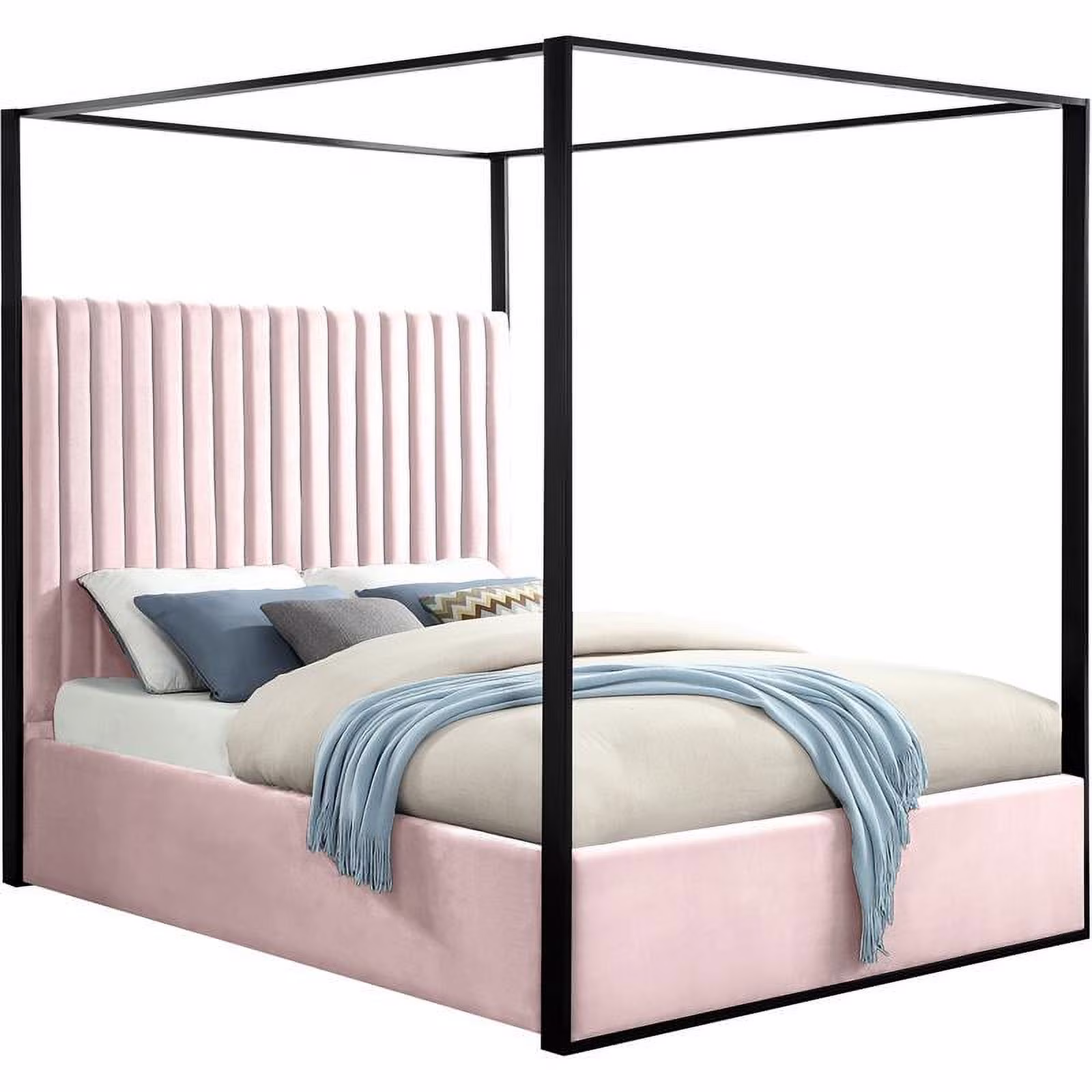 Meridian Furniture Jax Contemporary Wood Tufted Canopy Bed, Queen, Pink