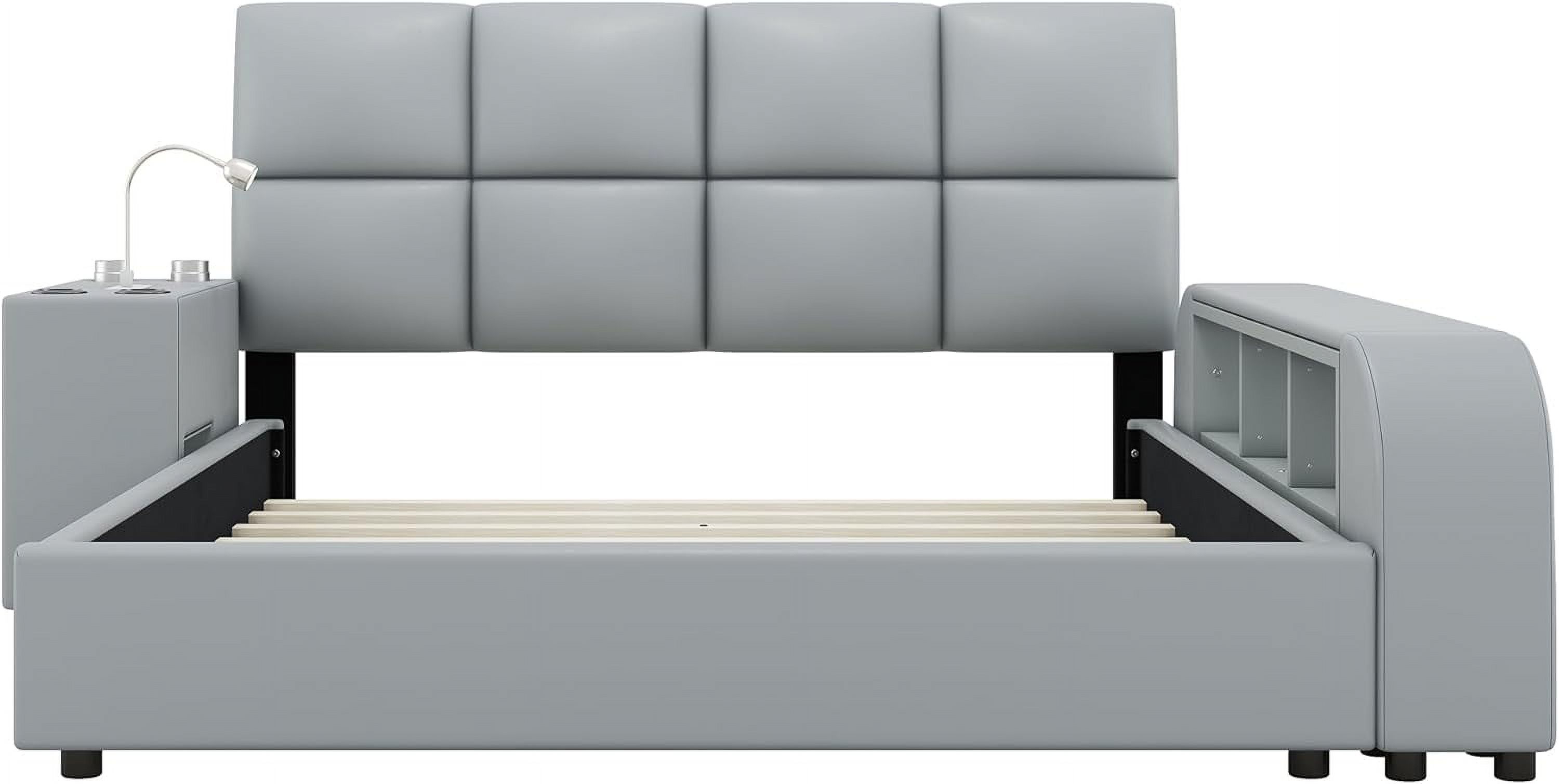 Modern Queen Size Upholstered Platform Bed with Multimedia Nightstand and Storage Shelves, Multi-Functional Storage Platform Bed with 2 Cup Holders, Bedroom Furniture