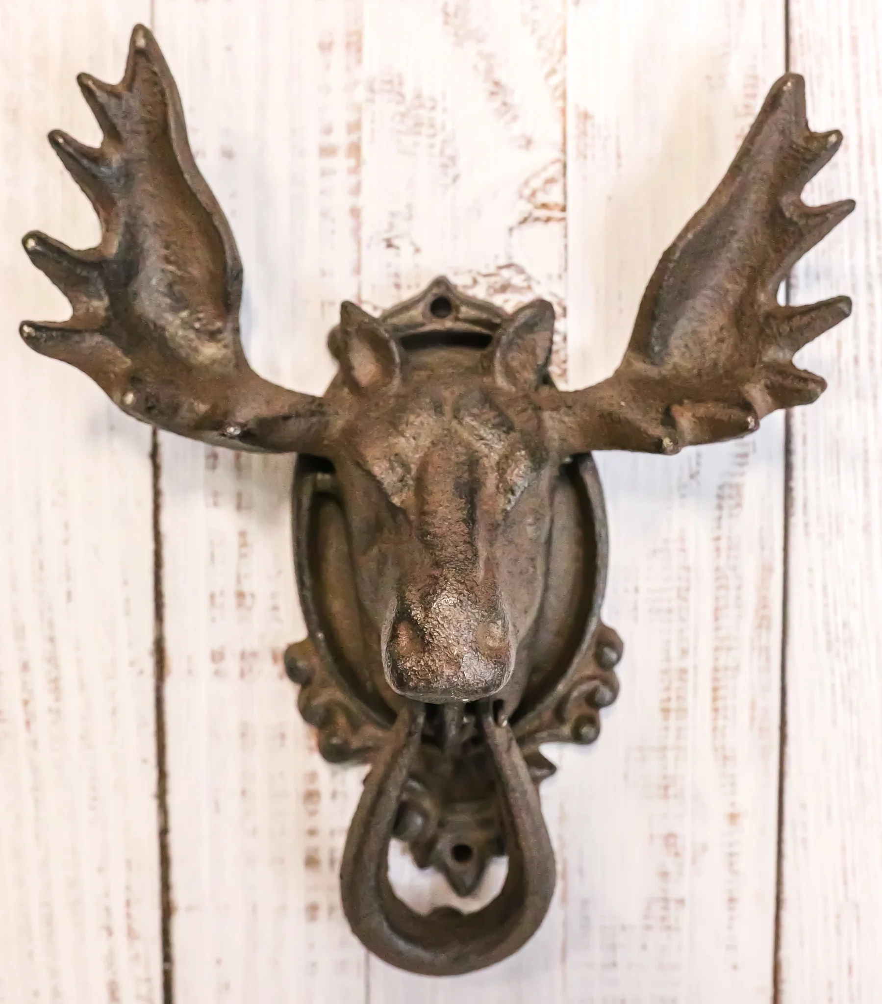 Ebros Rustic Western Forest Horned Bull Moose Head Cast Iron Door Knocker 10