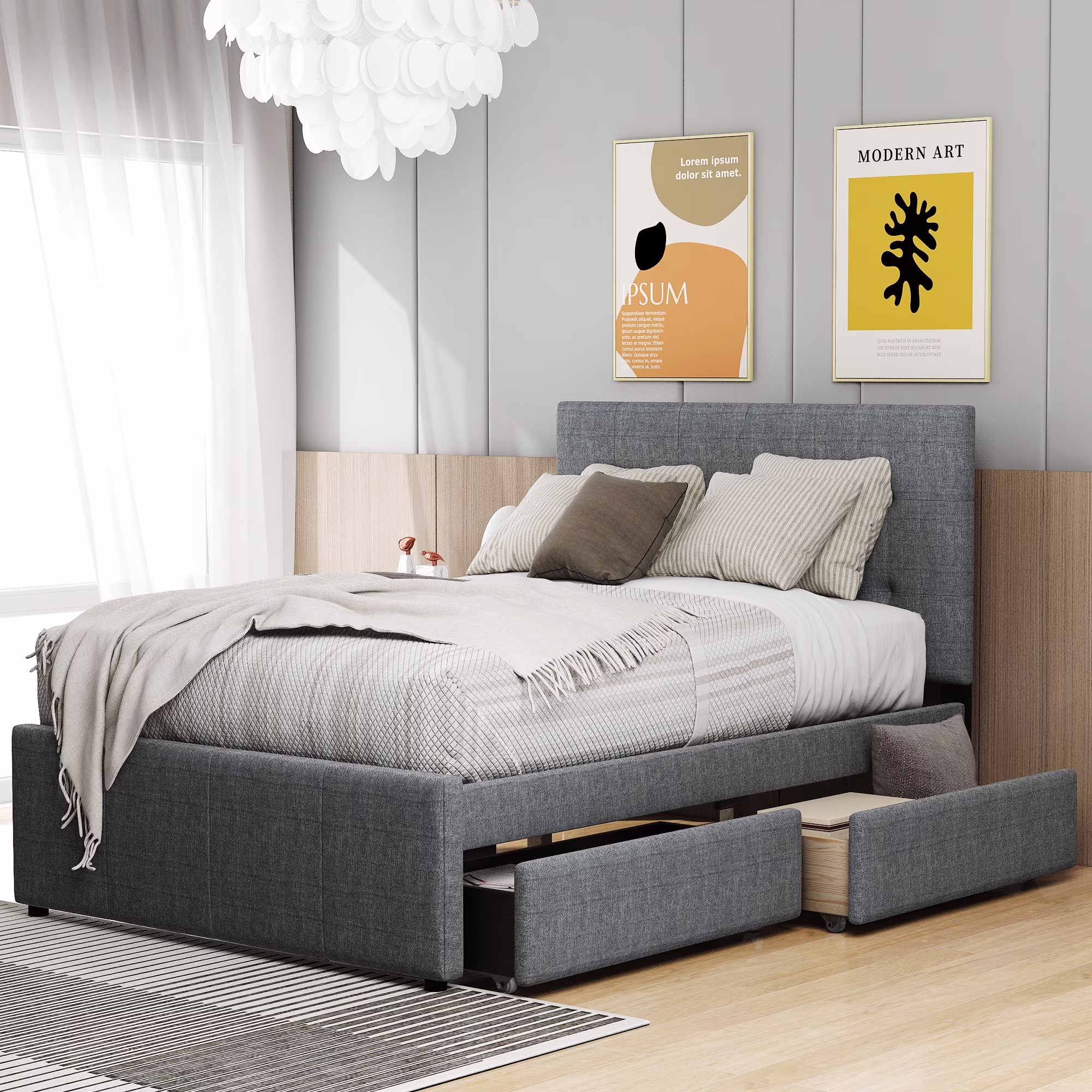Euroco Linen Full Size Upholstered Platform Bed with 2 Storage Drawers for Kids, Gray