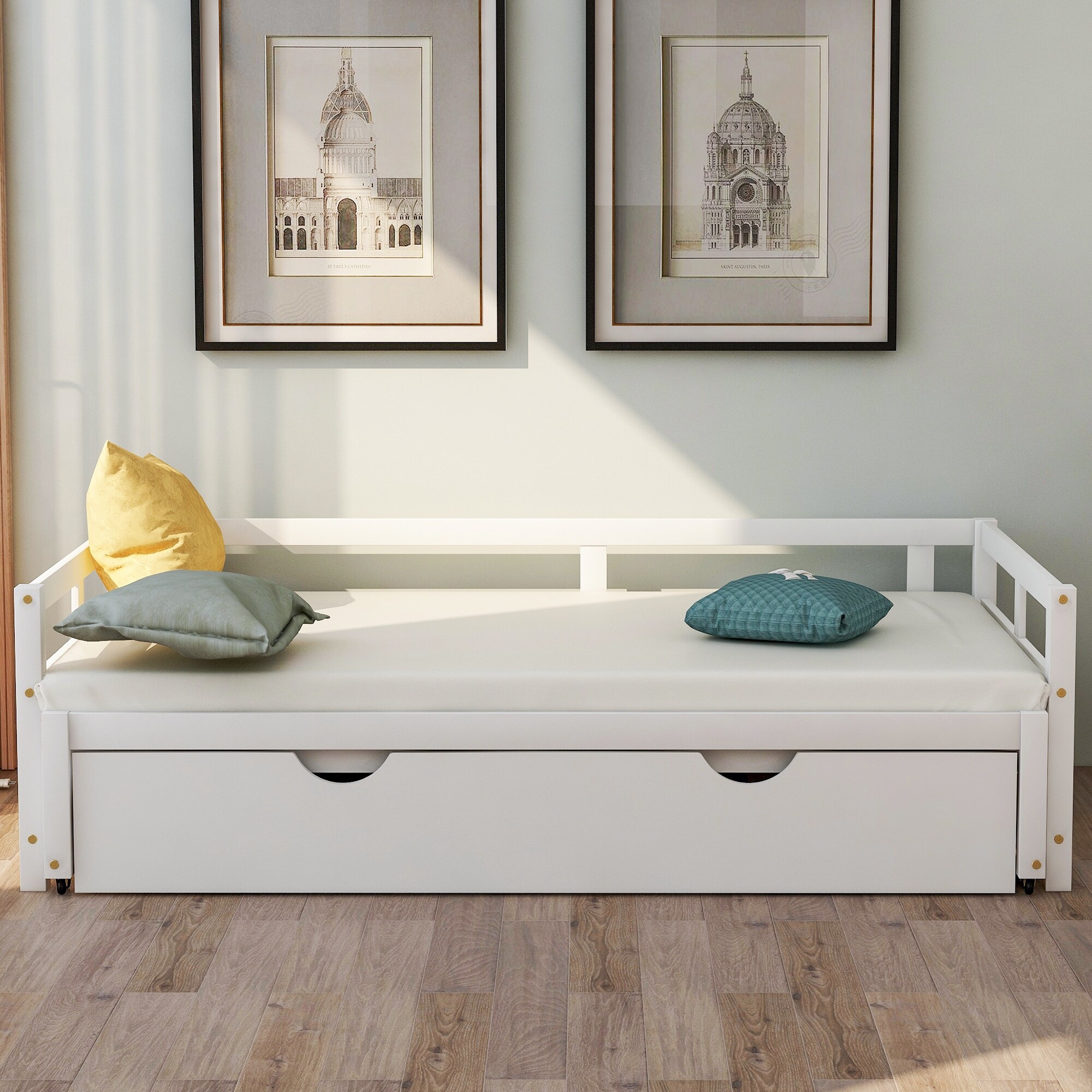 White Simple Yet Elegant Solid Construction Wood Daybed, Expandable to Txtra Large Bed, Wooden Daybed with Trundle