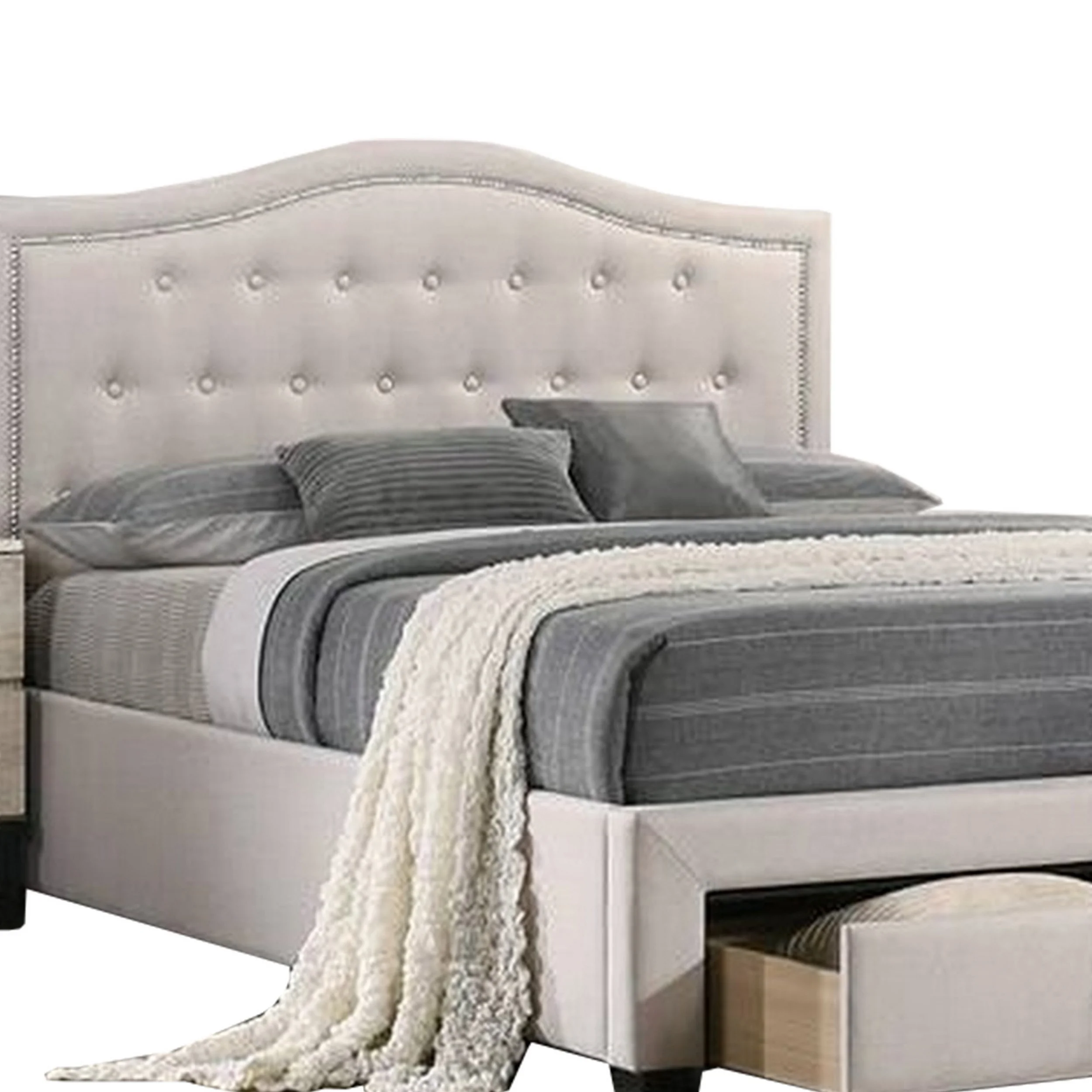 Buk Upholstered Tufted Full Bed with Storage, Nailhead Trim, Ivory Burlap - Saltoro Sherpi