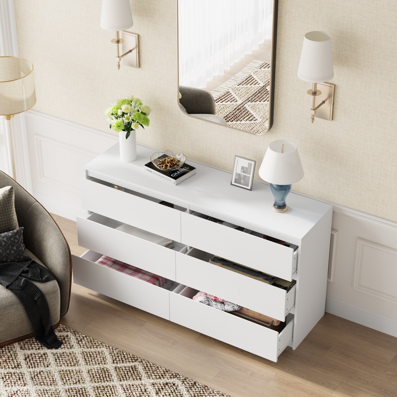 Timechee 6 Drawer 59'' W Chest&Dresser White/Dark Brown White