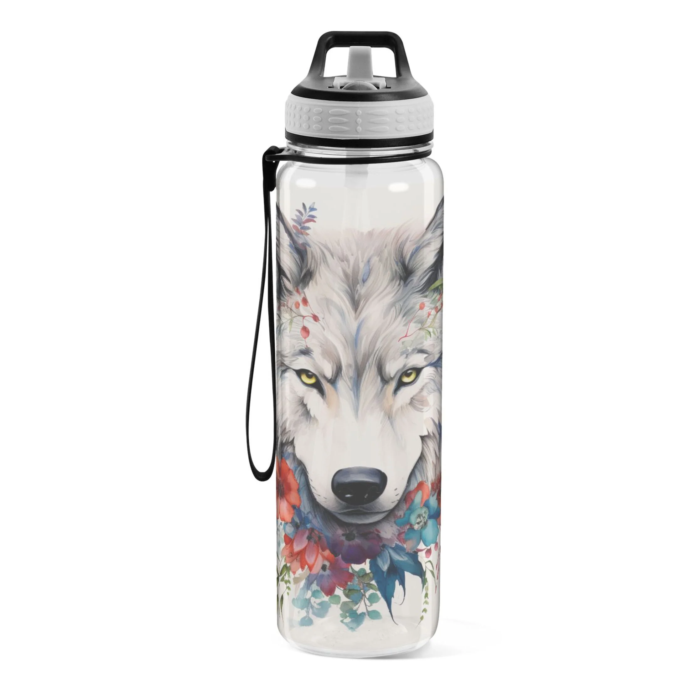 Flowers on Wolf 32oz Sports Water Bottles Leakproof Tritan Bottle with Straw BPA Free Clear Bottle for Fitness Gym Outdoor Cycling