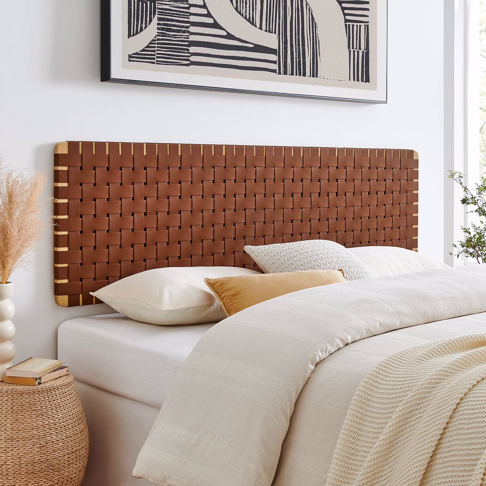 Modway Sparta Weave Wall-Mount King Vegan Leather Headboard in Natural Brown