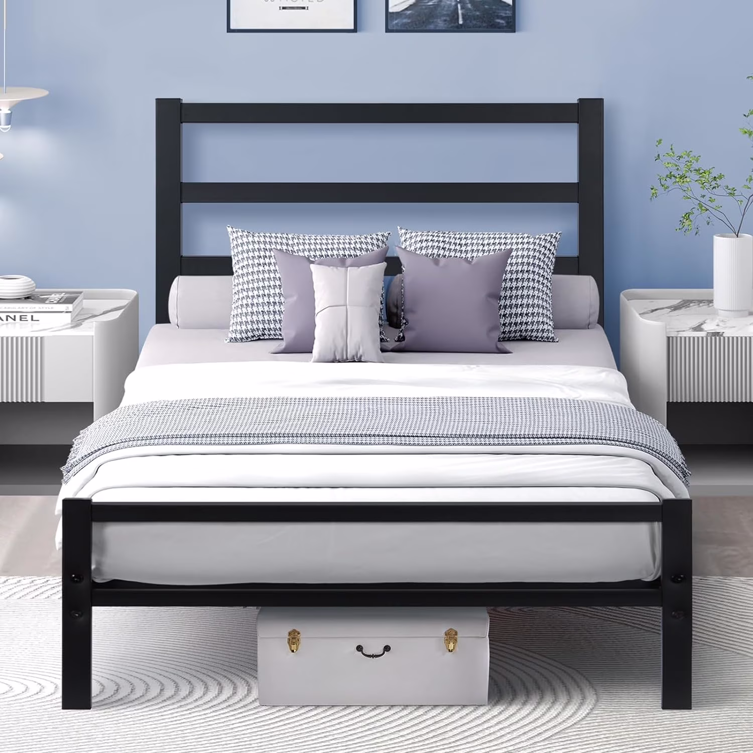 4 EVER WINNER Twin Size Metal Bed Frame with Headboard, Black Metal Platform Bed Frame, Heavy Duty, No Box Spring Needed, Black
