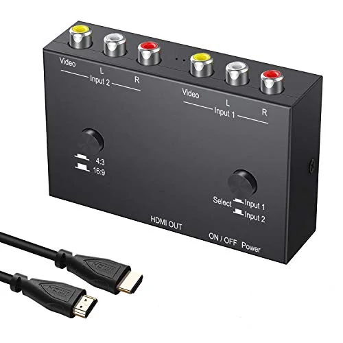 2AV to HDMI Converter Double RCA to HDMI Converter, 2 RCA Input 1HDMI Output Support 16:9/4:3 Compatible with WII, N64, PS1, PS2, PS3, VHS, VCR DVD Players etc (RCA to HDMI Converter)