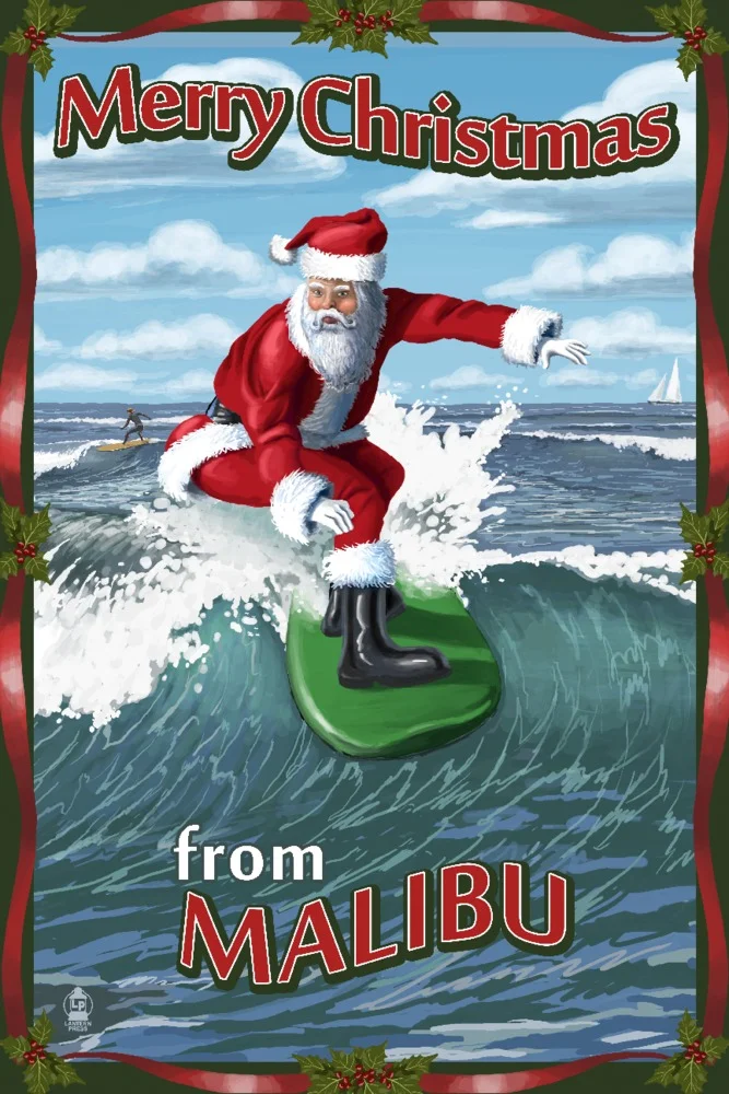 Malibu, California, Santa Surfing (12x18 Wall Art Poster, Room Decor)