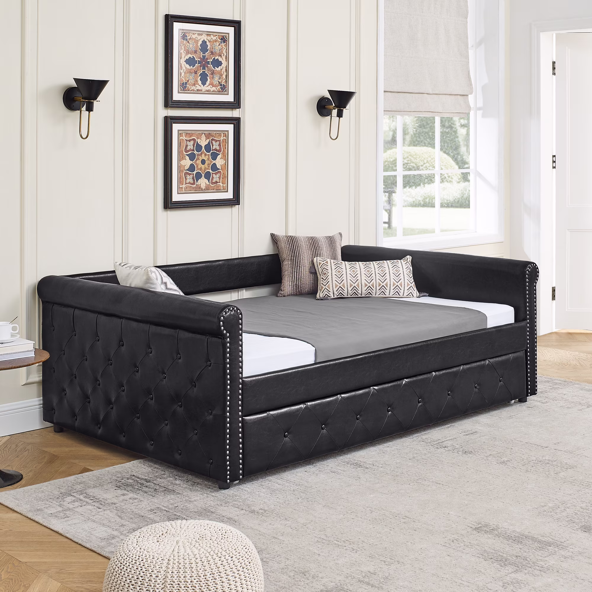 CoSoTower Daybed With Trundle Upholstered Tufted Sofa Bed, With Button And Copper Nail On Arms, Full Daybed & Twin Trundle, Pu Black, 85.5“X57”X30.5“