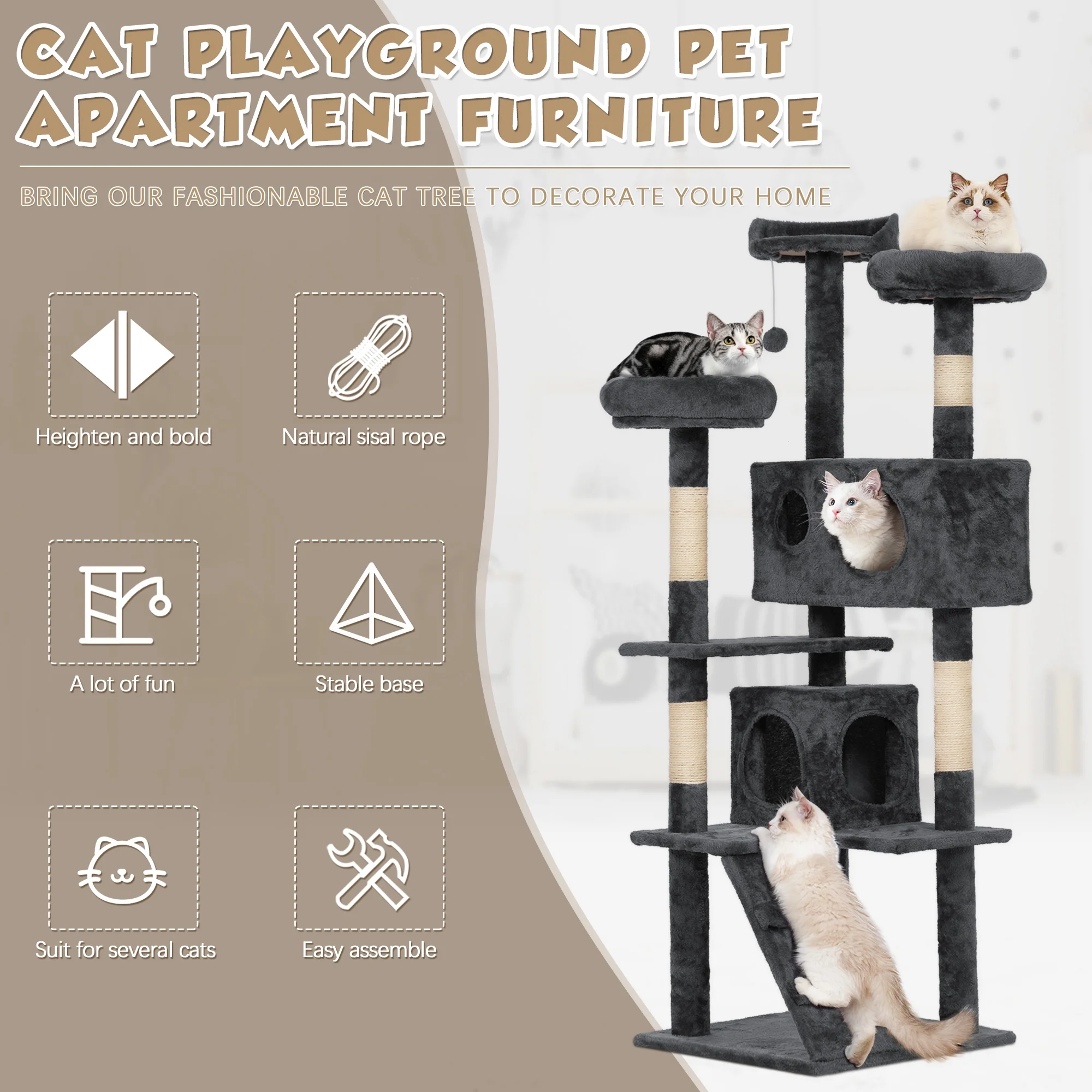 Coziwow 60-in Cat Tree W/ Scratching Post Tower Condo and Perch, Gray