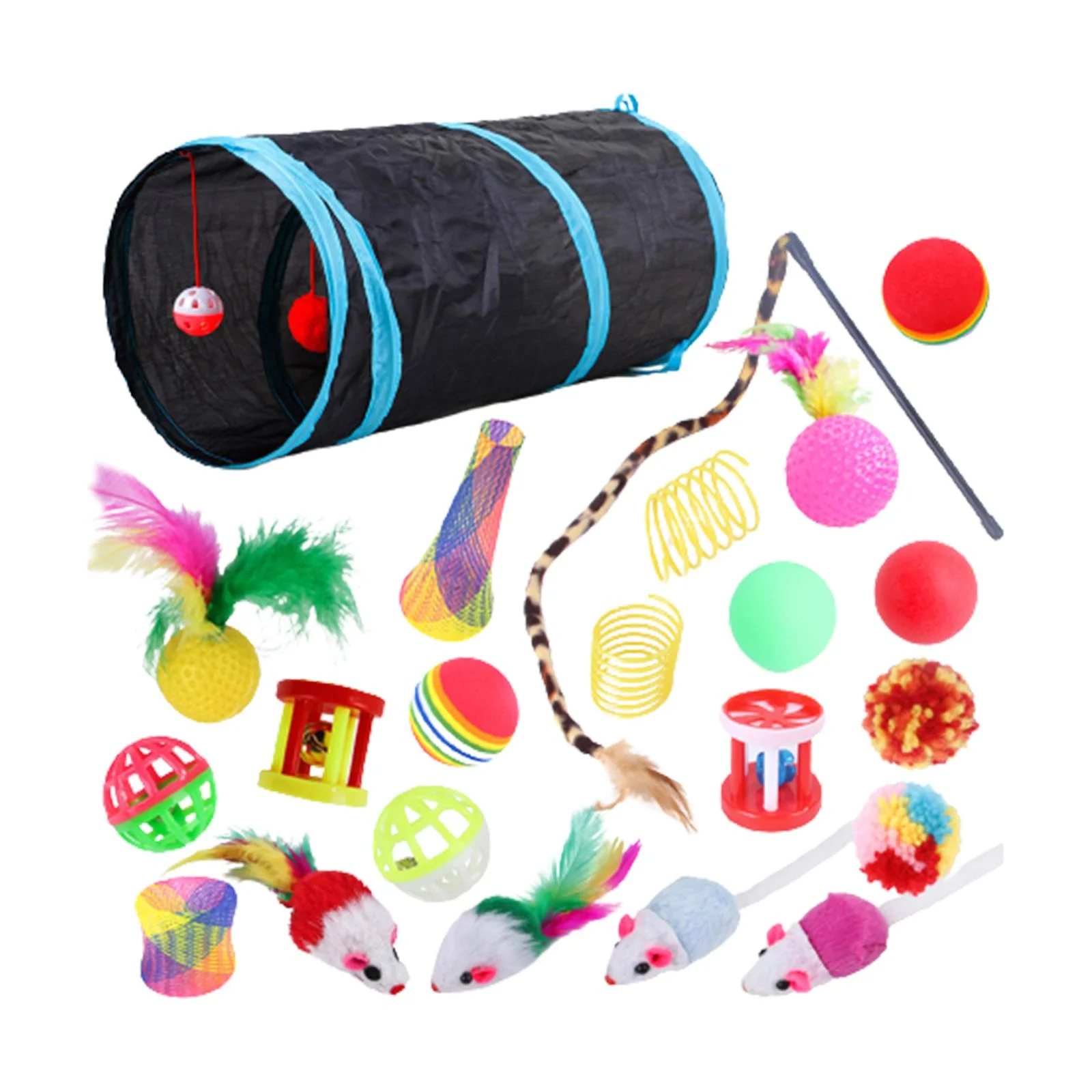 22 piece Interactive Cat Toy Sets,Collapsible Cat Tunnels for Indoor Cats, Feather Teaser Crinkle Balls Spring Toy Catnip Fish for Cats , B99501 C-22pcs