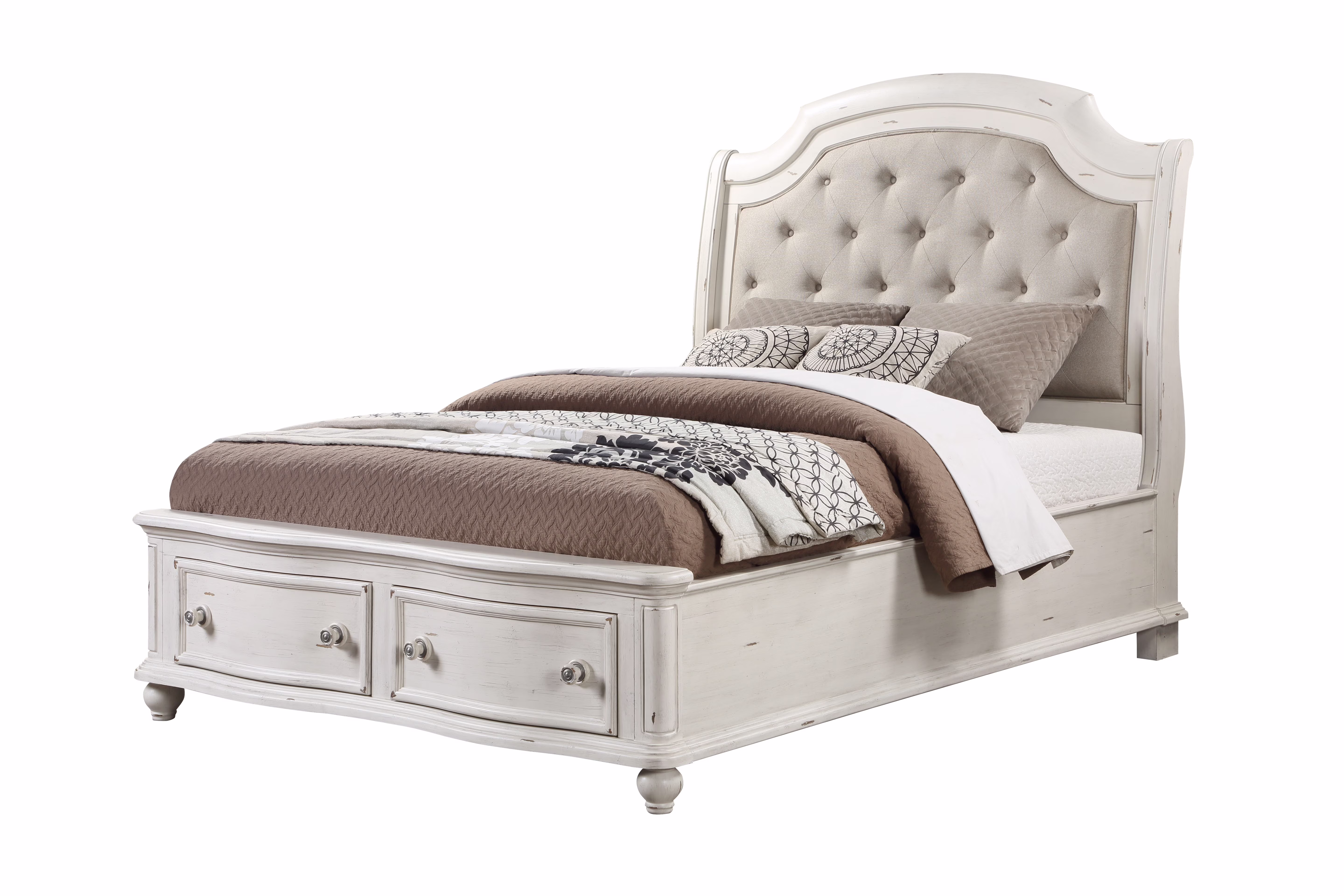 Acme Furniture Jaqueline Eastern King Bed in Light Gray Linen & Antique White Finish