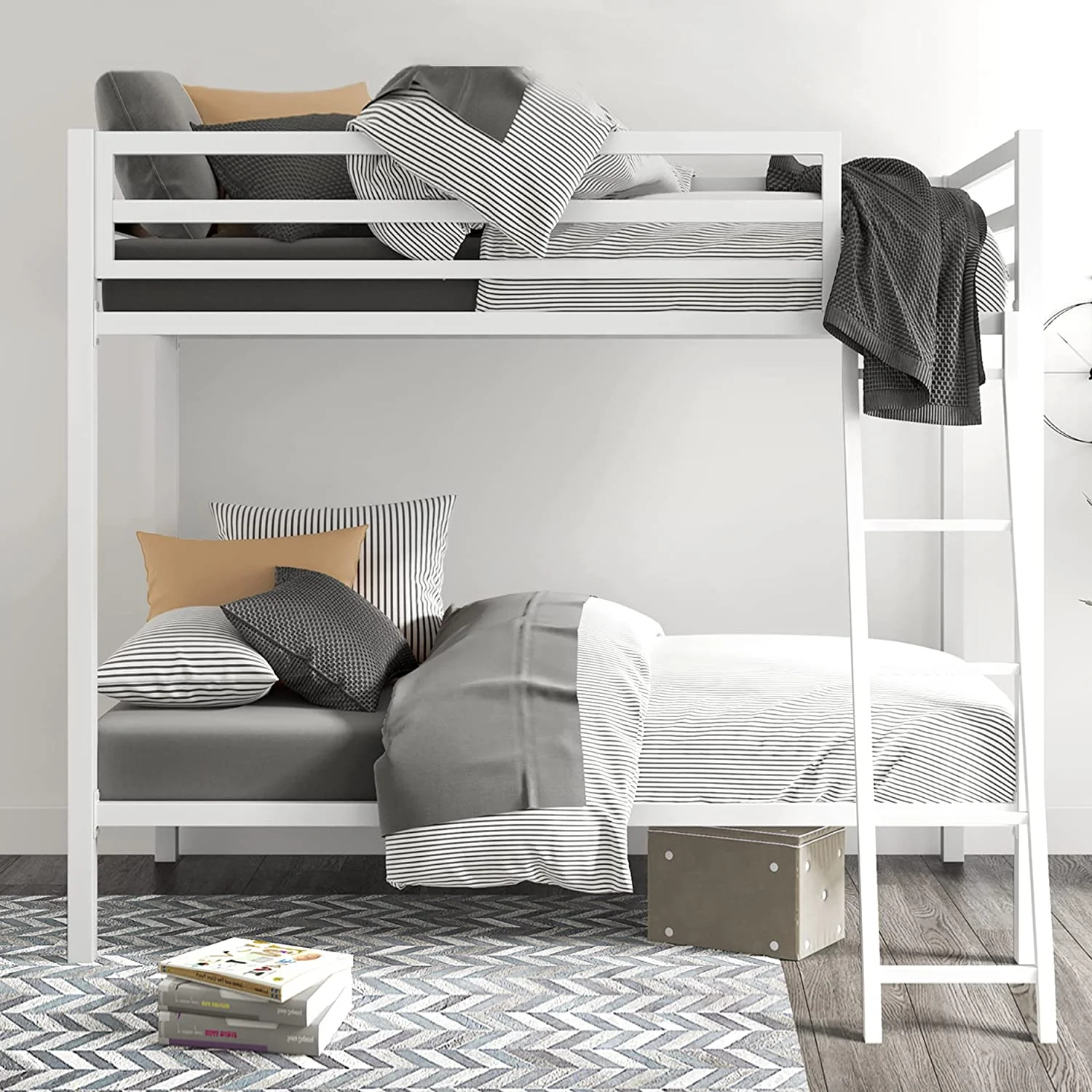 SHA CERLIN Twin Over Twin Metal Bunk Bed for Juniors, Industrial, Frame with Inclined Stairs & Full-Length Guardrail, Space-Saving, Easy for Climbing & Assembling, White