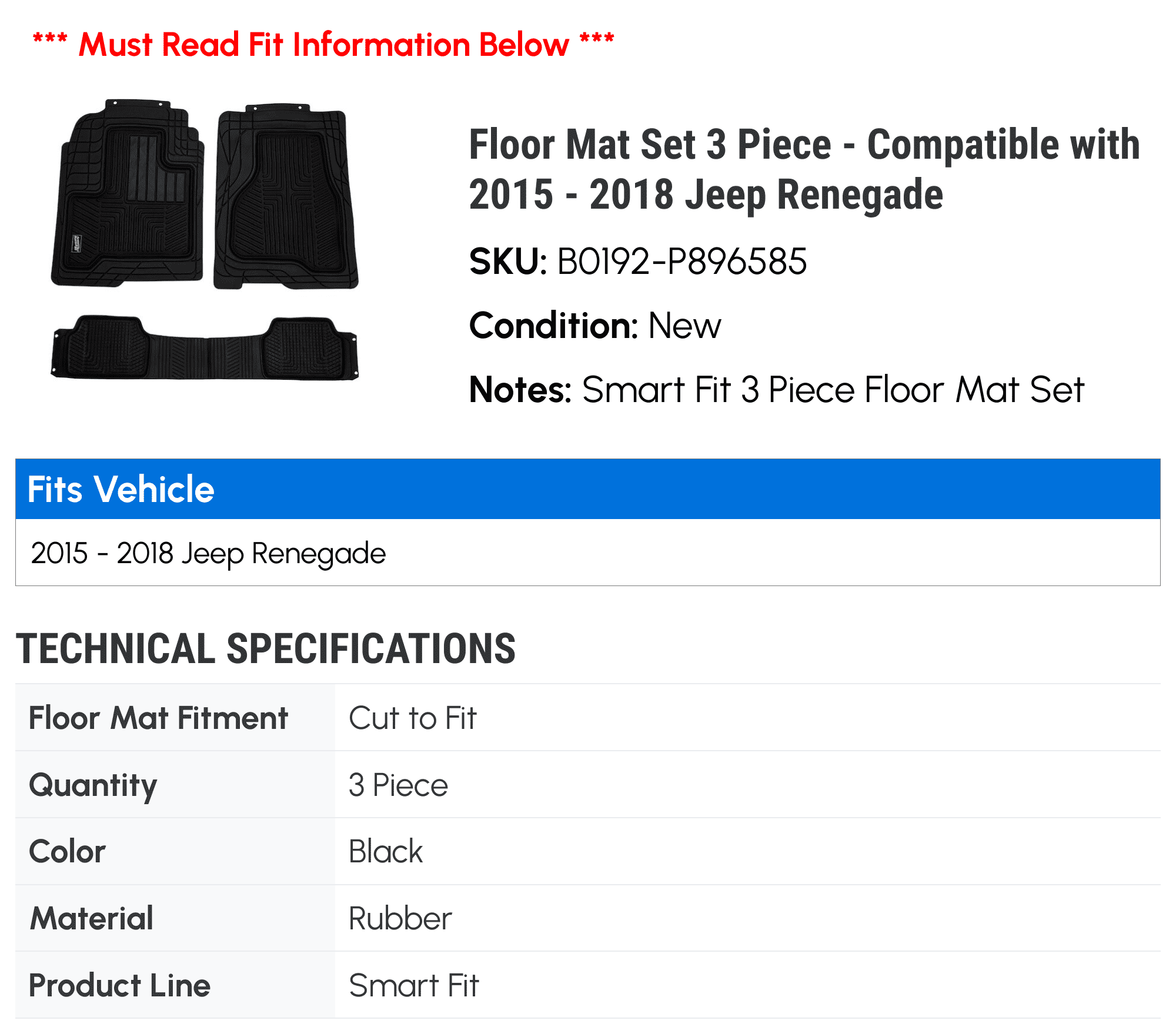 Floor Mat Set 3 Piece - Compatible with 2015 - 2018 Jeep Renegade 2016 2017