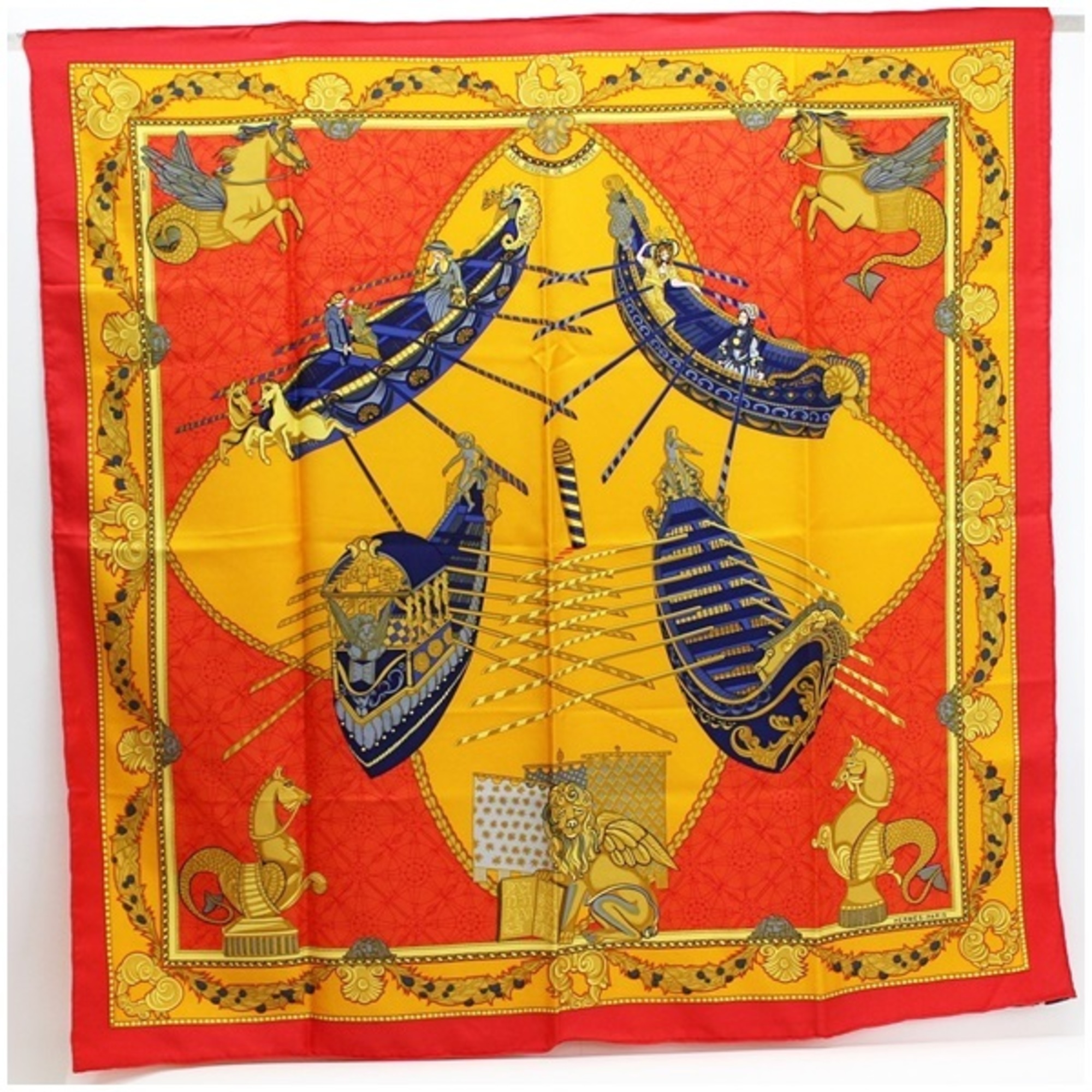 Pre-Owned Hermes Silk Scarf Muffler LES BISSONE DE VENISE (Venice Boat Festival) Orange x Red HERMES Women's (Good)