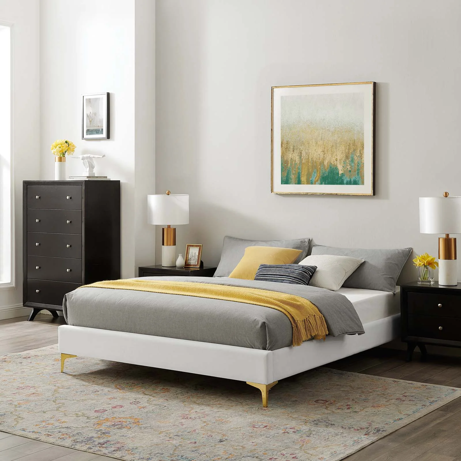 Platform Bed Frame, Queen Size, Velvet, White, Modern Contemporary Urban Design, Bedroom Master Guest Suite