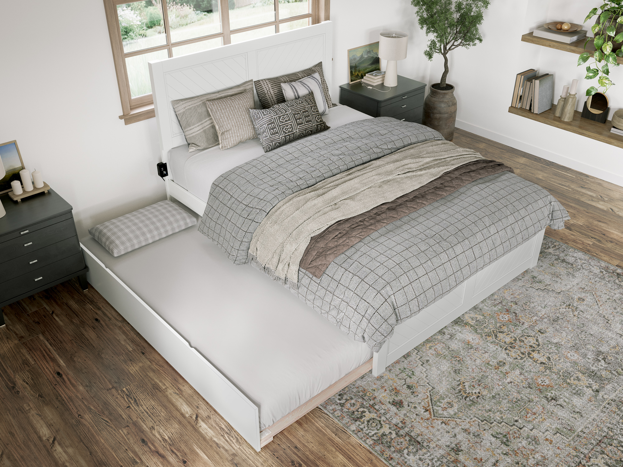 AFI Canyon White Solid Wood Platform Bed with Matching Footboard & Twin XL Trundle, Queen