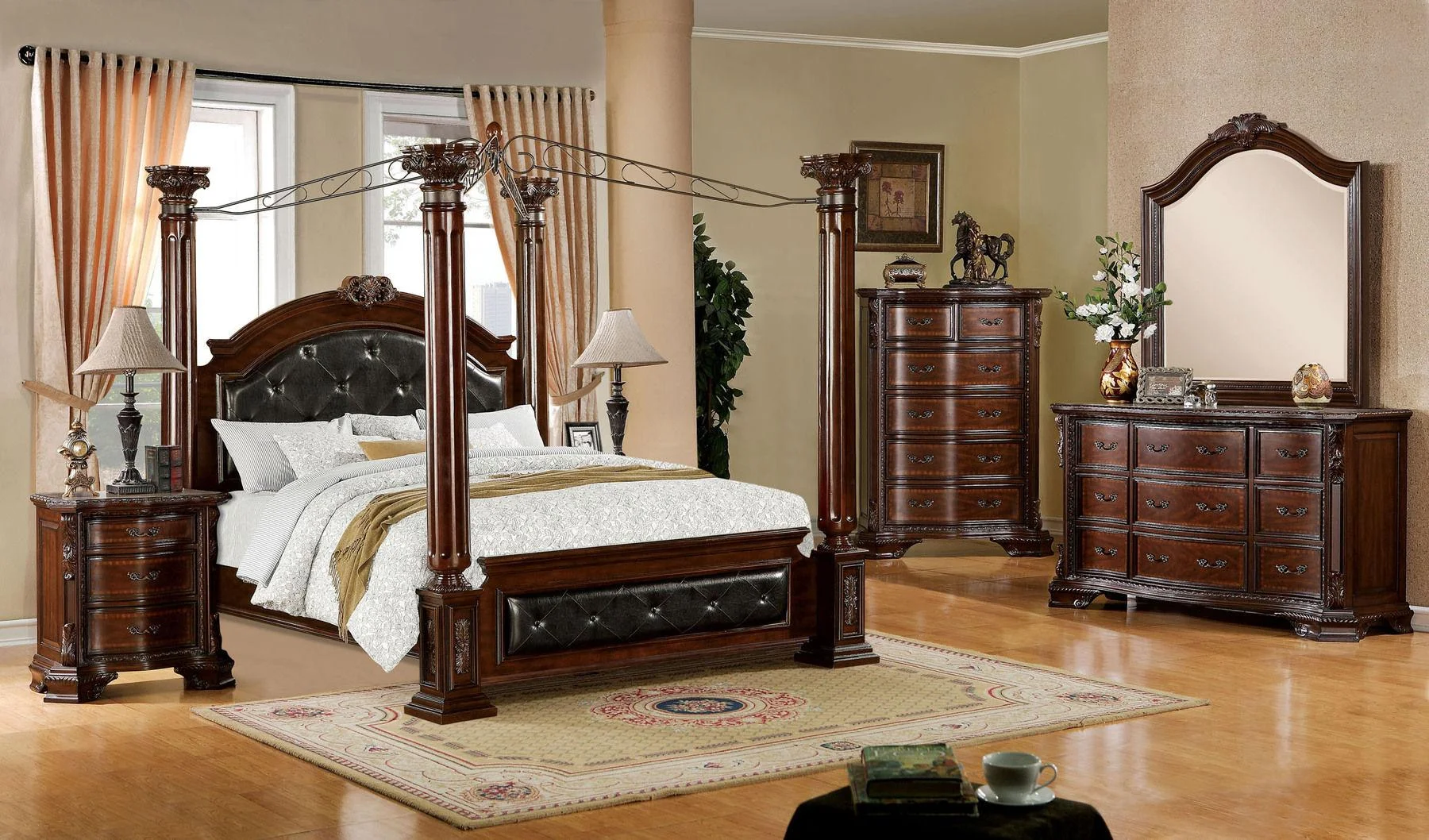 Traditional Brown Cherry Solid Wood King Bedroom Set 5pcs FOA CM7271-EK Mandalay