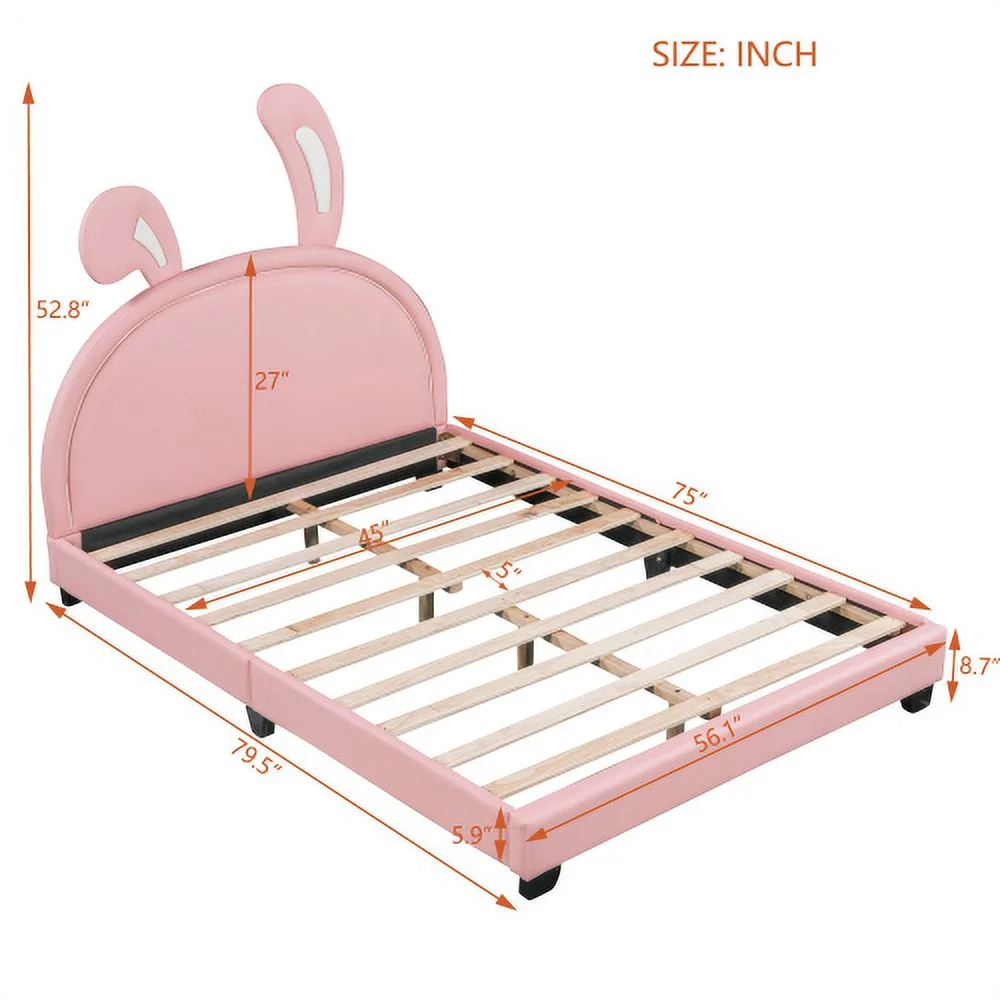 Full Size Upholstered Leather Platform Bed with Rabbit Ornament, Pink(Mattress not included)
