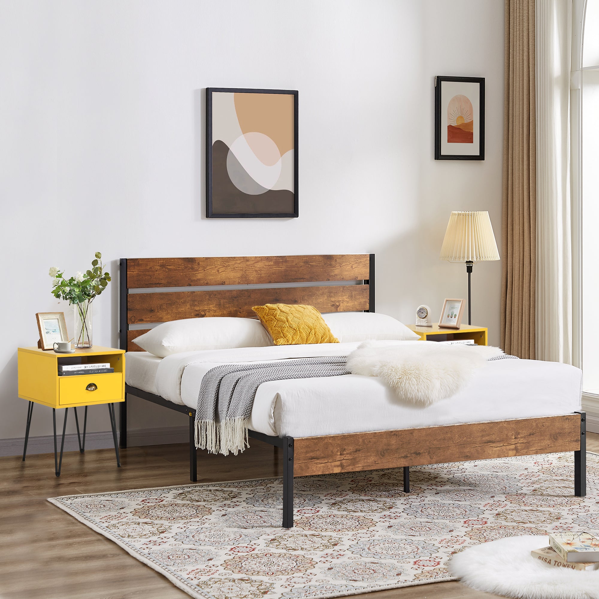 VECELO 3-Piece Bedroom Set Metal Bed Frame with Wooden Headboard and 2 Nightstand, Full Size
