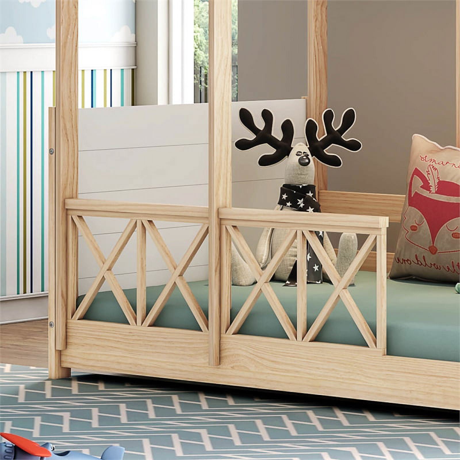 Pemberly Row Modern Solid Wood Twin Daybed with Roof and Guardrails in White/Oak