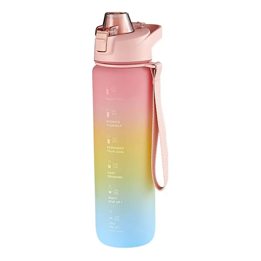 1L Large Reusable Sport Water Bottle with Time Marker, Plastic Drinking Water Cup with Flip Top Lid