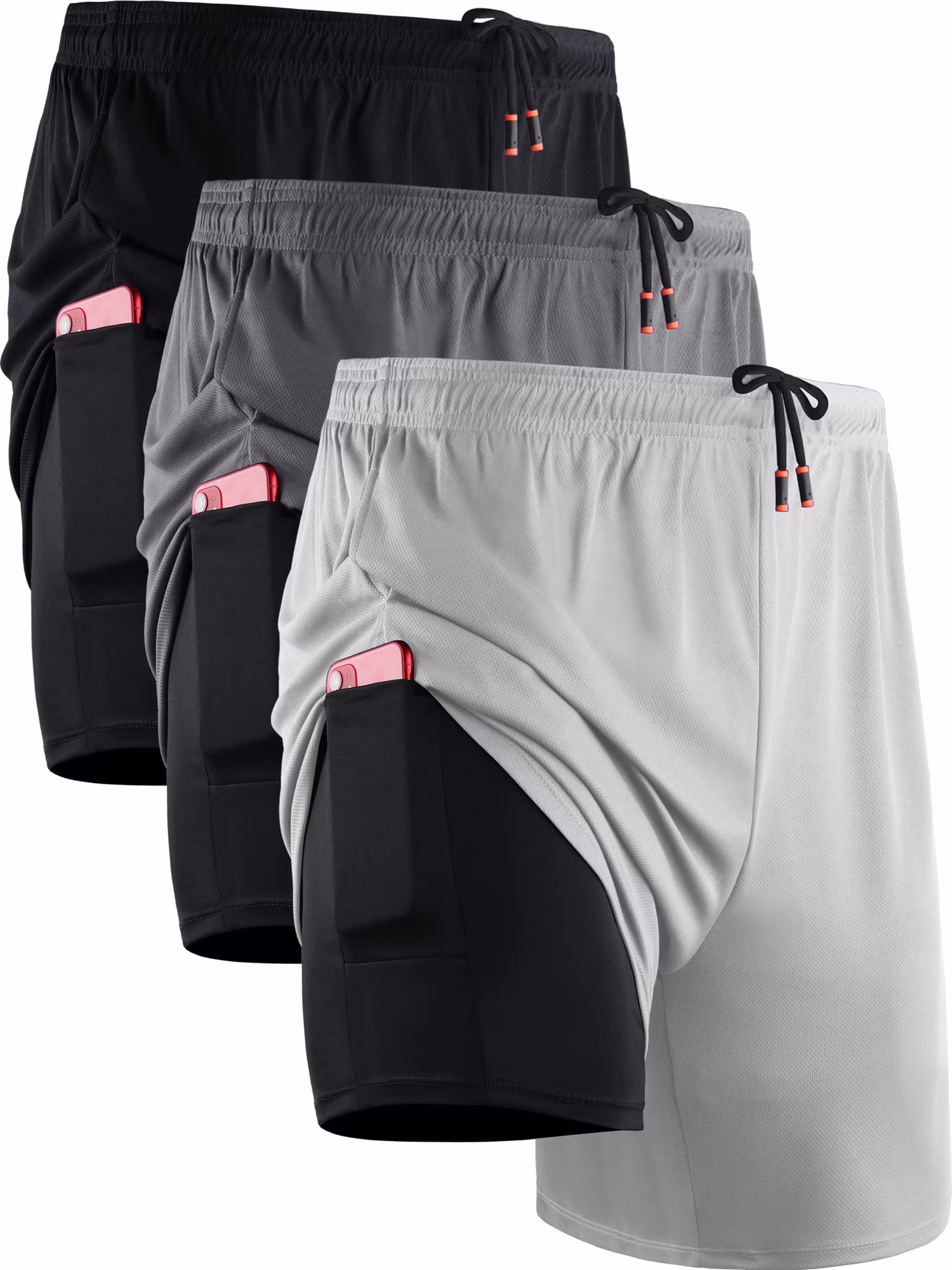 NELEUS Mens 2 in 1 Dry Fit Workout Shorts with Liner and Pockets,Black+Gray+White,US Size S