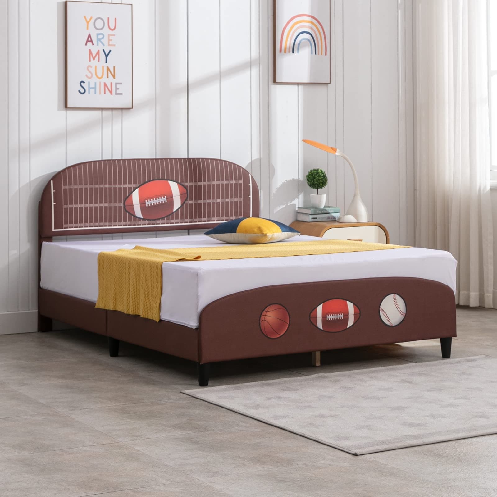 Mixoy Kids Bed Frame, Faux Leather Upholstered Platform Bed Frame ,Children Bed Frame with Sport Style Design Rugby - Full