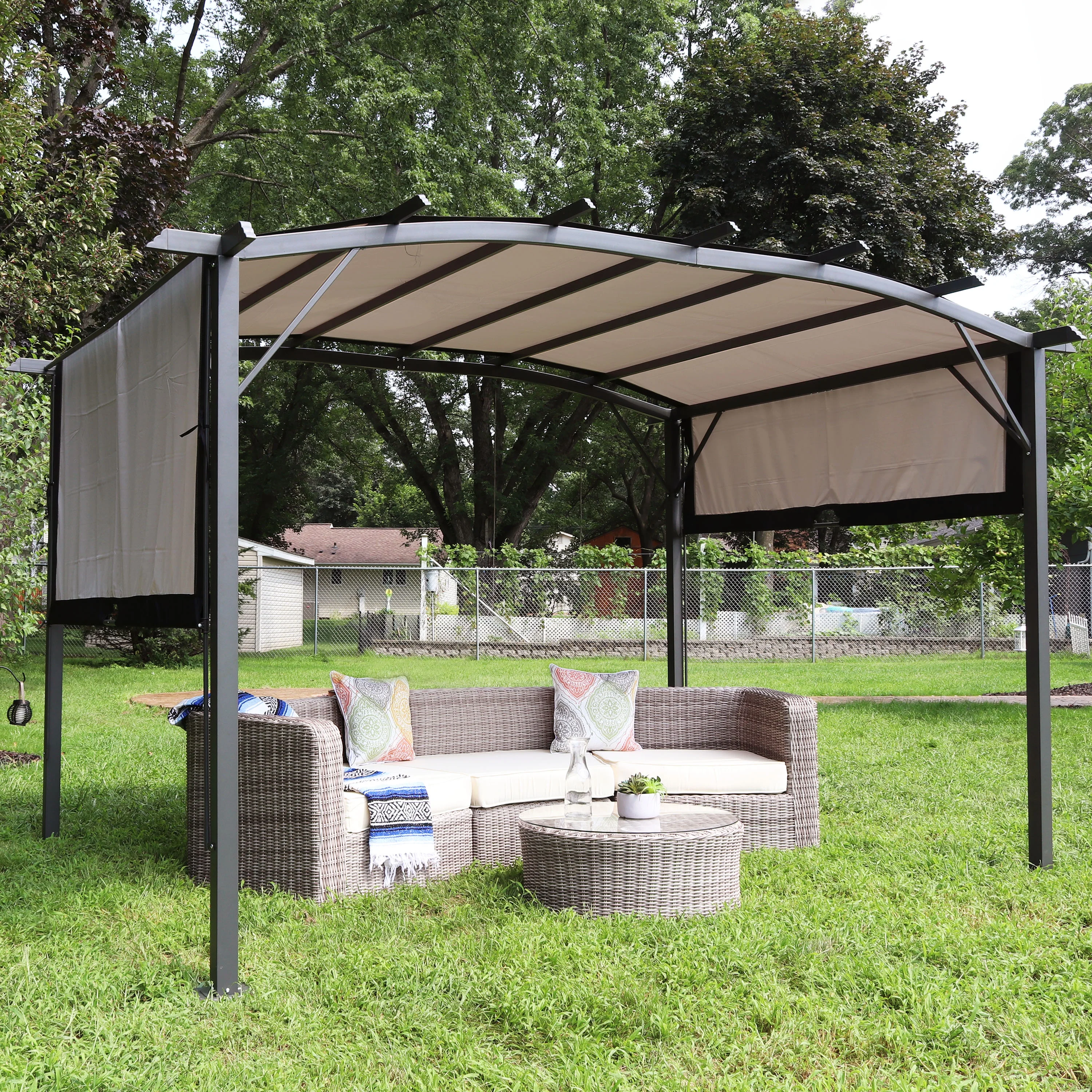 Sunnydaze 9' x12' Metal Arched Pergola with Retractable Canopy - Gray