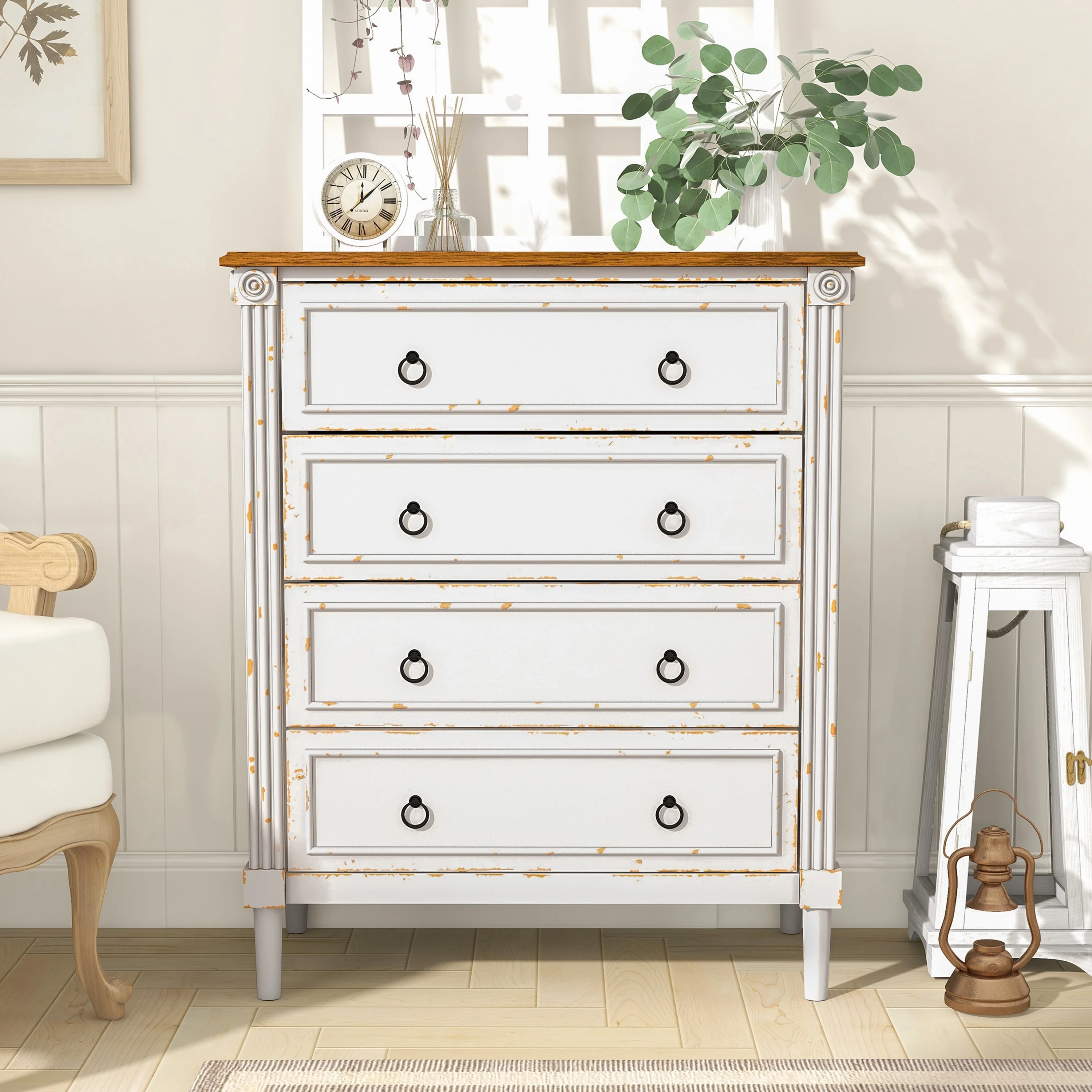Furniture of America Joneigh Traditional Solid Wood 4-Drawer Chest by  Antique White/Oak Light Wood