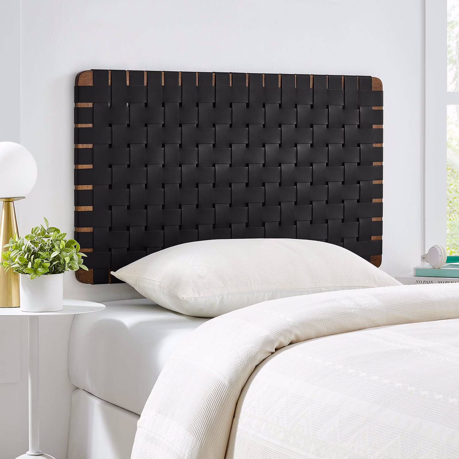Modway Sparta Weave Wall-Mount Twin Vegan Leather Headboard in Walnut Black