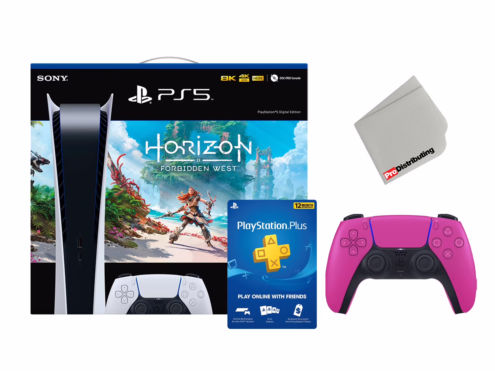 Sony Playstation 5 Digital Edition Horizon Forbidden West Bundle with Extra Pink Controller, PSN 12 Month Membership and Cleaning Cloth