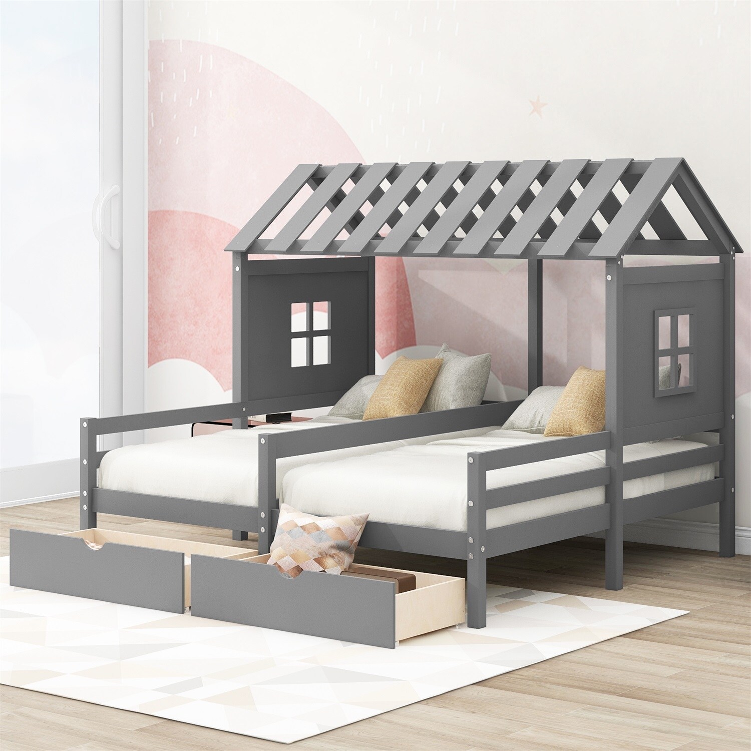 MERAX  2 Shared Beds Twin Size House Platform Beds with Two Drawers Grey