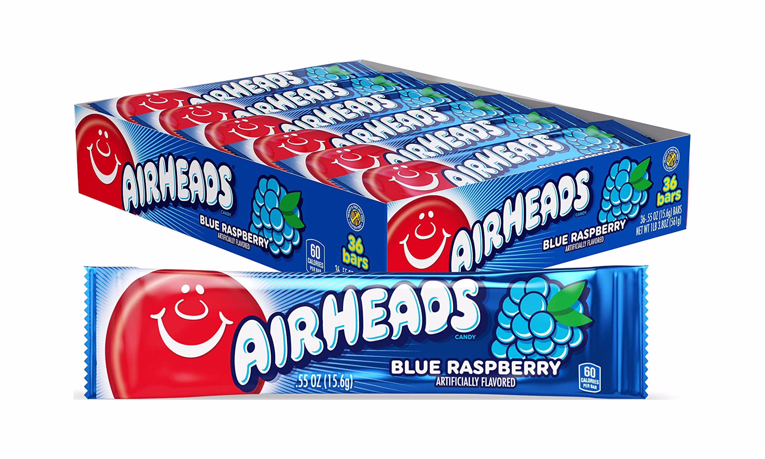 Airheads Candy, Blue Raspberry Flavor, Individually Wrapped Full Size Bars, Taffy, Non Melting, Party, Pack Of 36 Bars,0.03 Kilogram