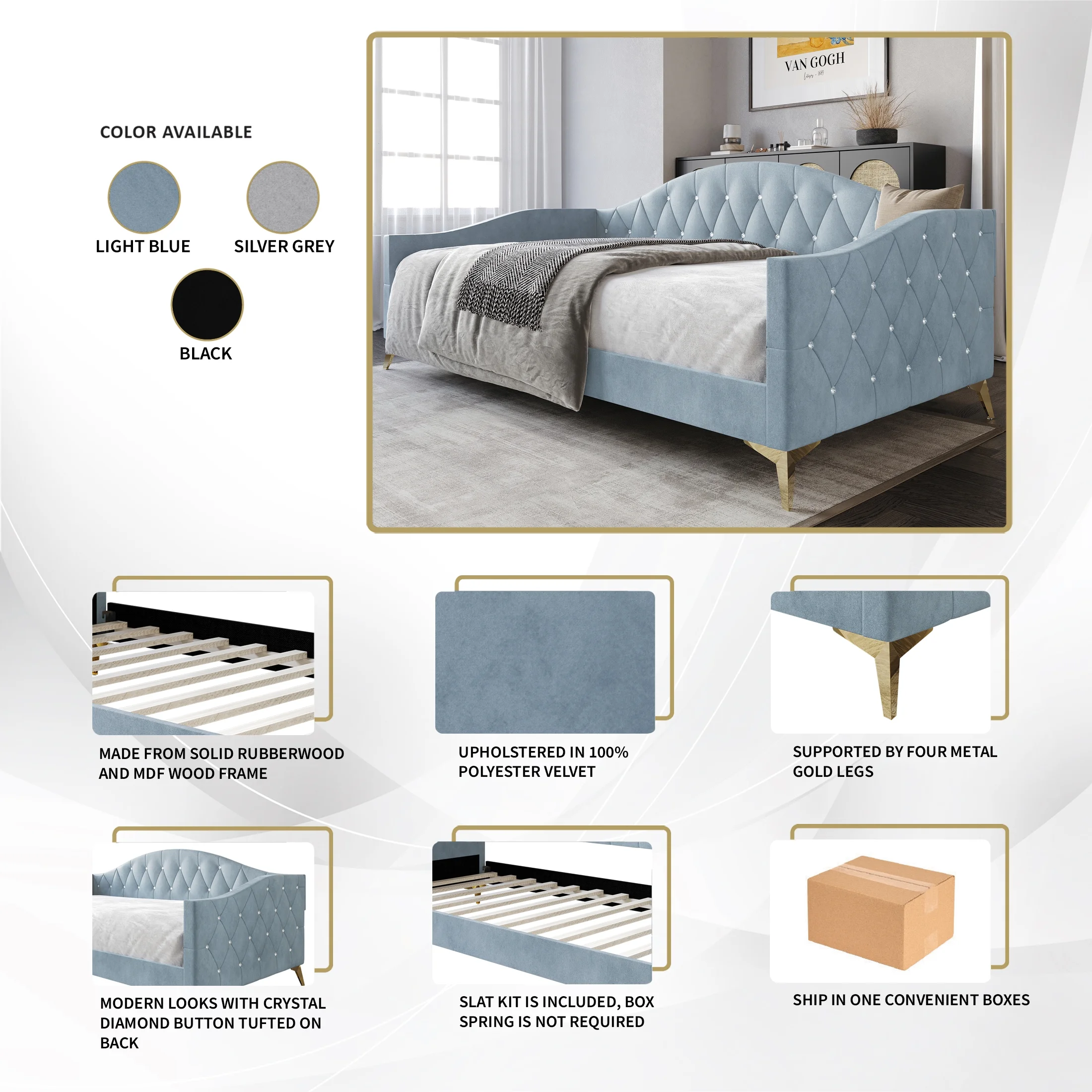 Castle Place Modern Camelback Silhouette Velvet Upholstered Twin Daybed, Light Blue