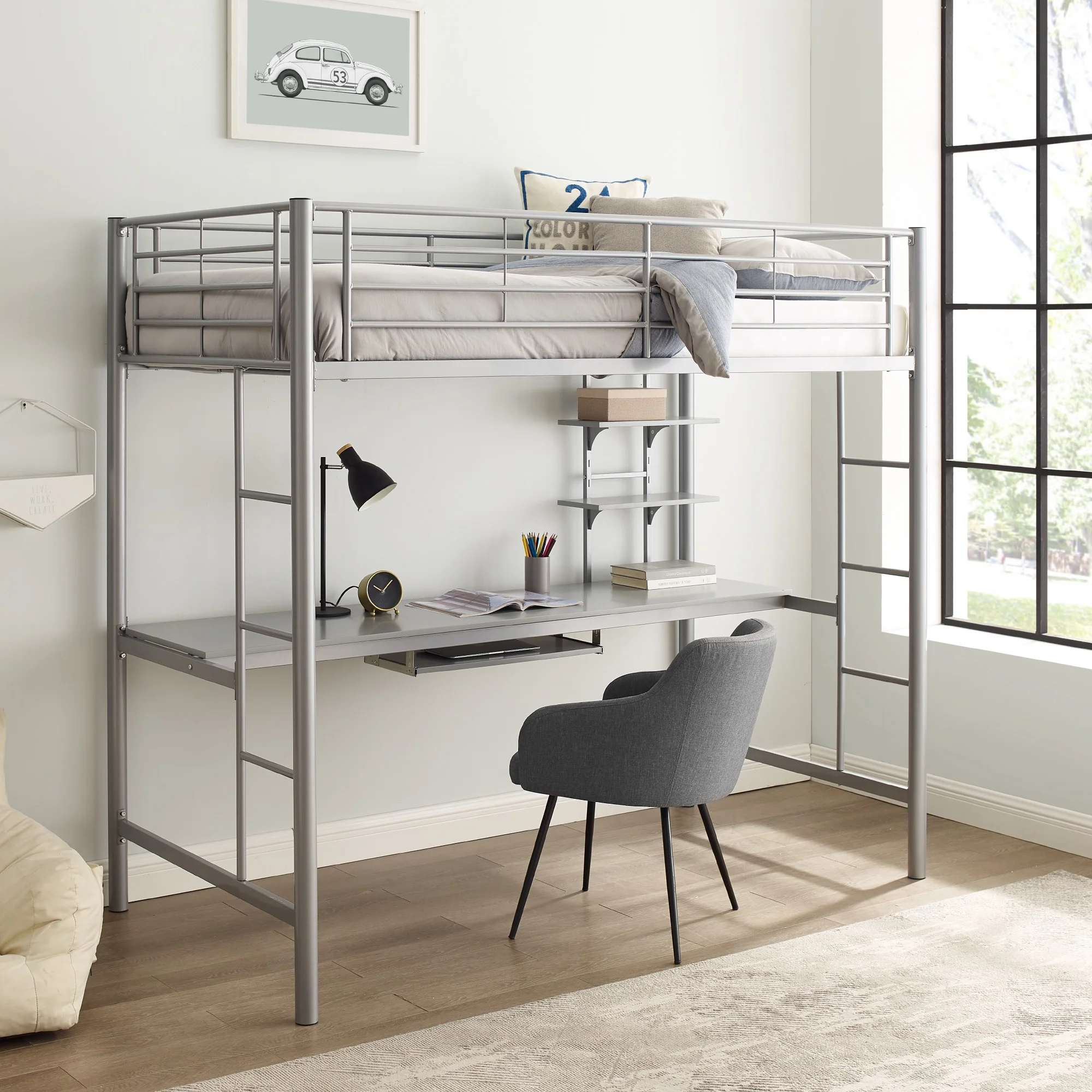 Manor Park Modern Metal Twin Loft Bed with Workstation, Silver
