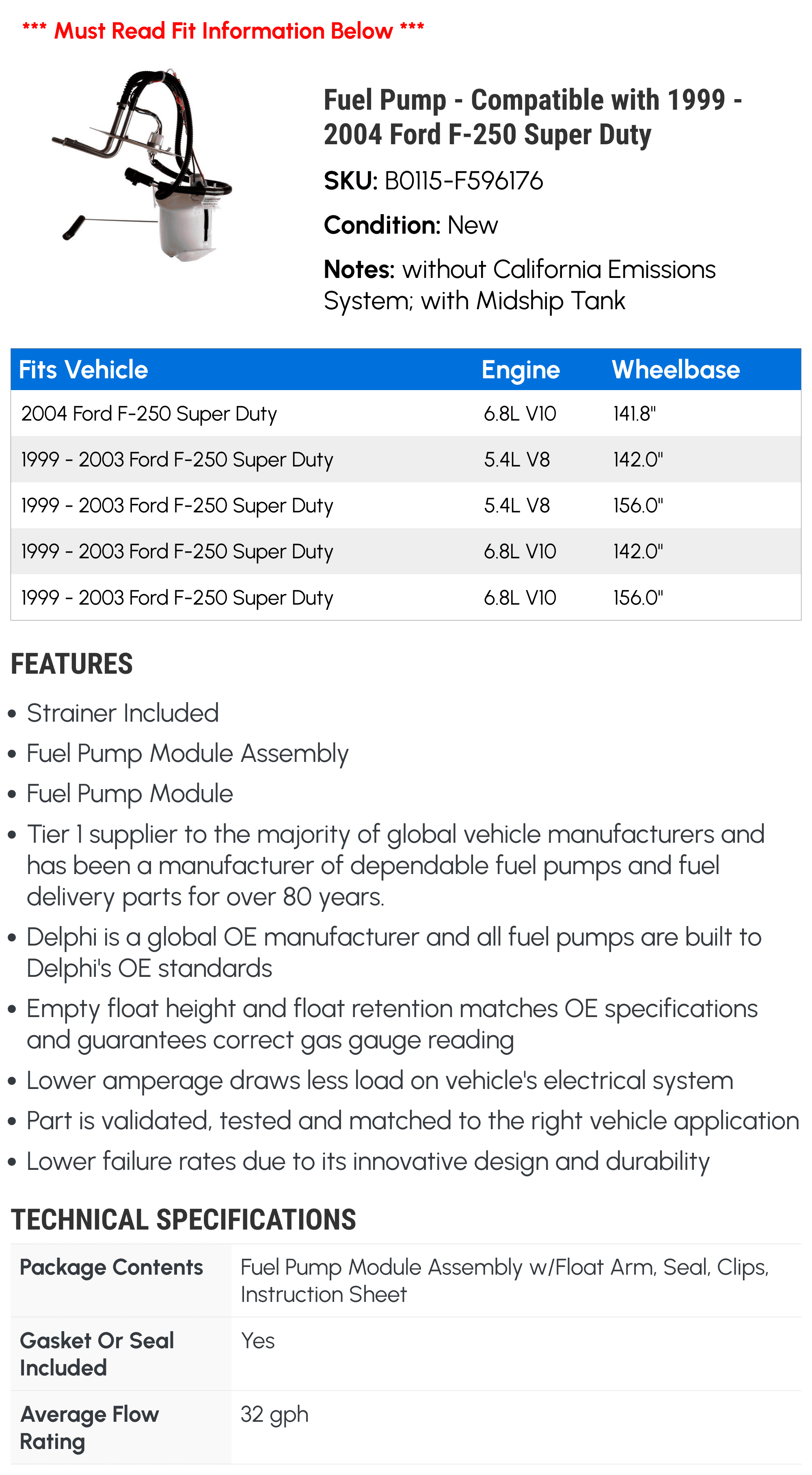 Fuel Pump - Compatible with 1999 - 2004 Ford F-250 Super Duty 2000 2001 2002 2003