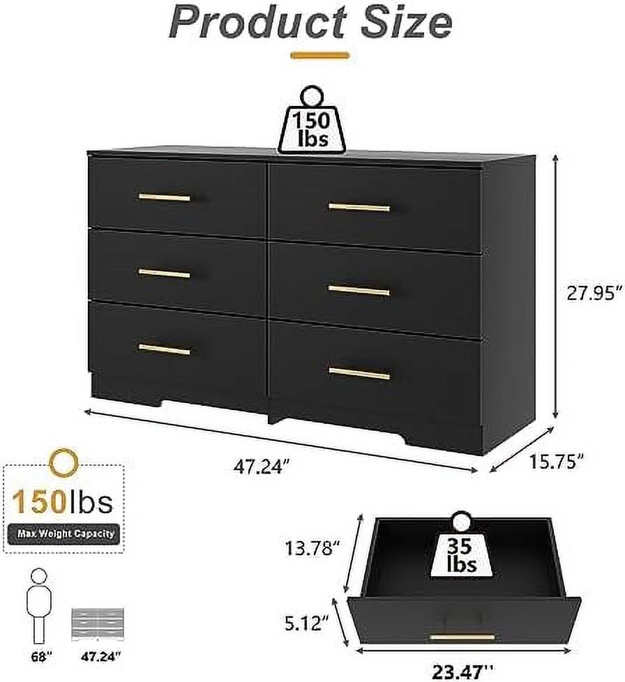 RUNFAYBIU Black Dresser for Bedroom  6 Drawer Dresser  Chest of Drawers & Dresser Wide Wood Dresser TV Stand Dresser for Bedroom