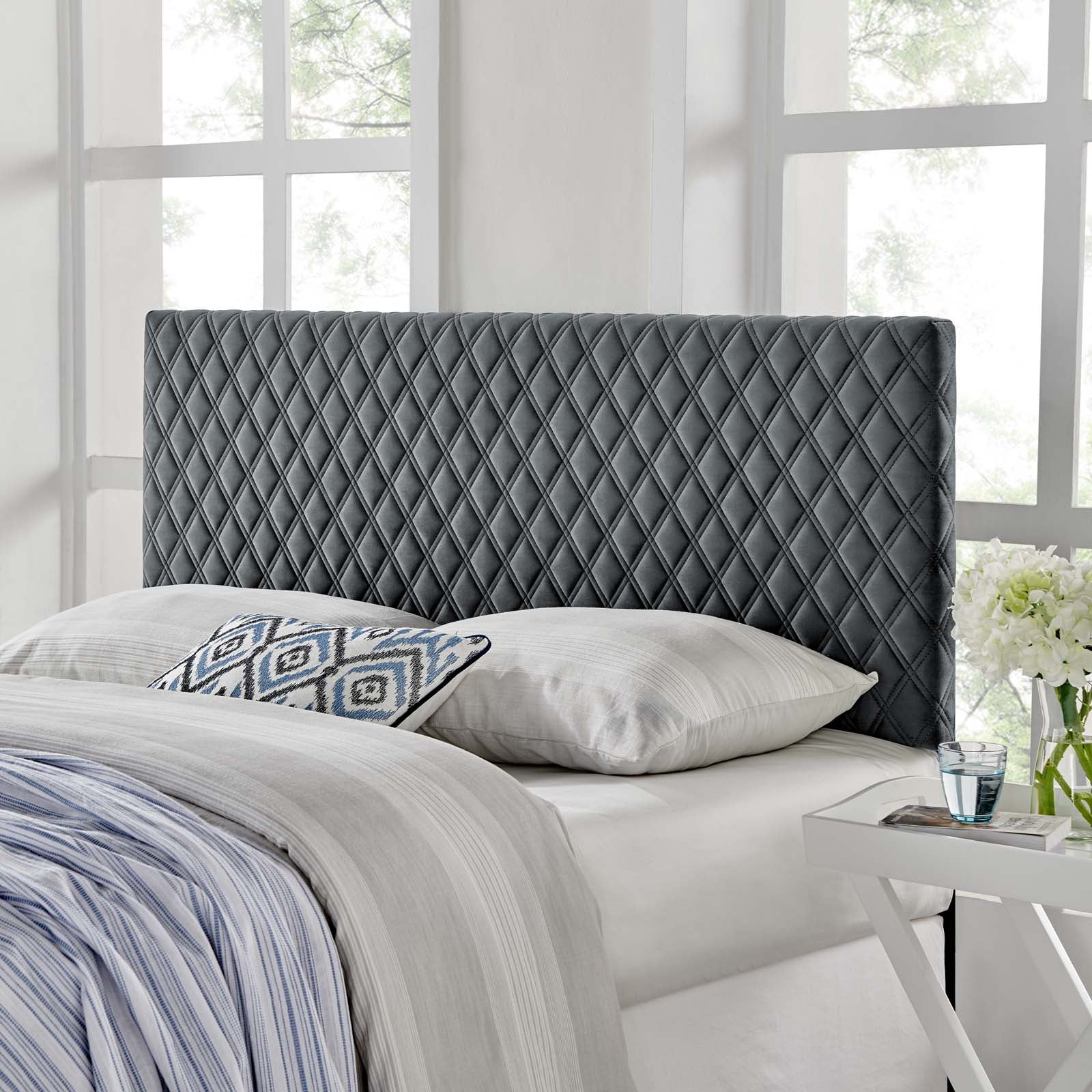 Headboard, Full Queen Size, Velvet, Dark Grey Gray, Modern Contemporary Urban Design, Bedroom Master Guest Suite