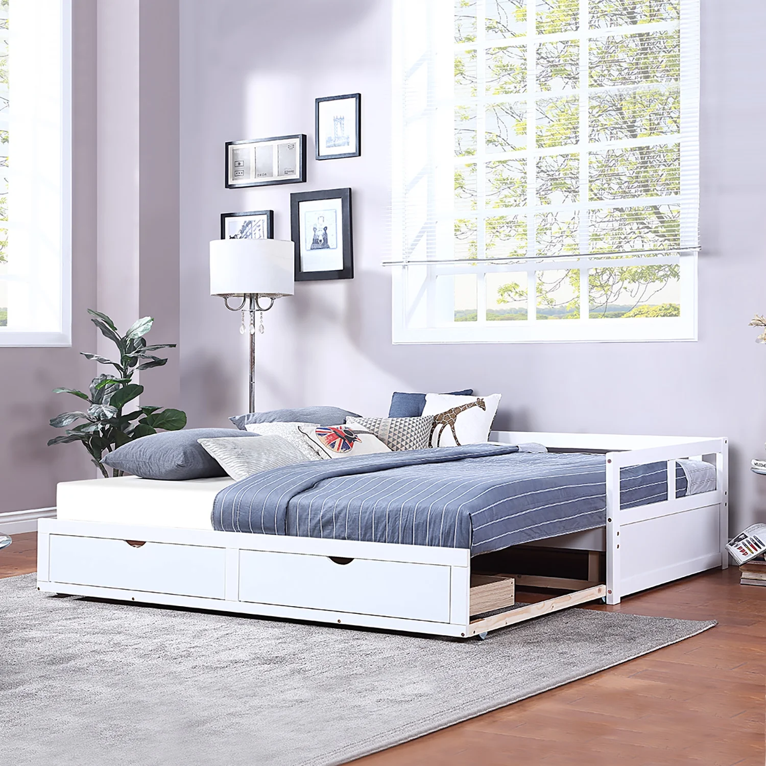 Nestfair White Wooden Daybed with Trundle Bed and Two Storage Drawers