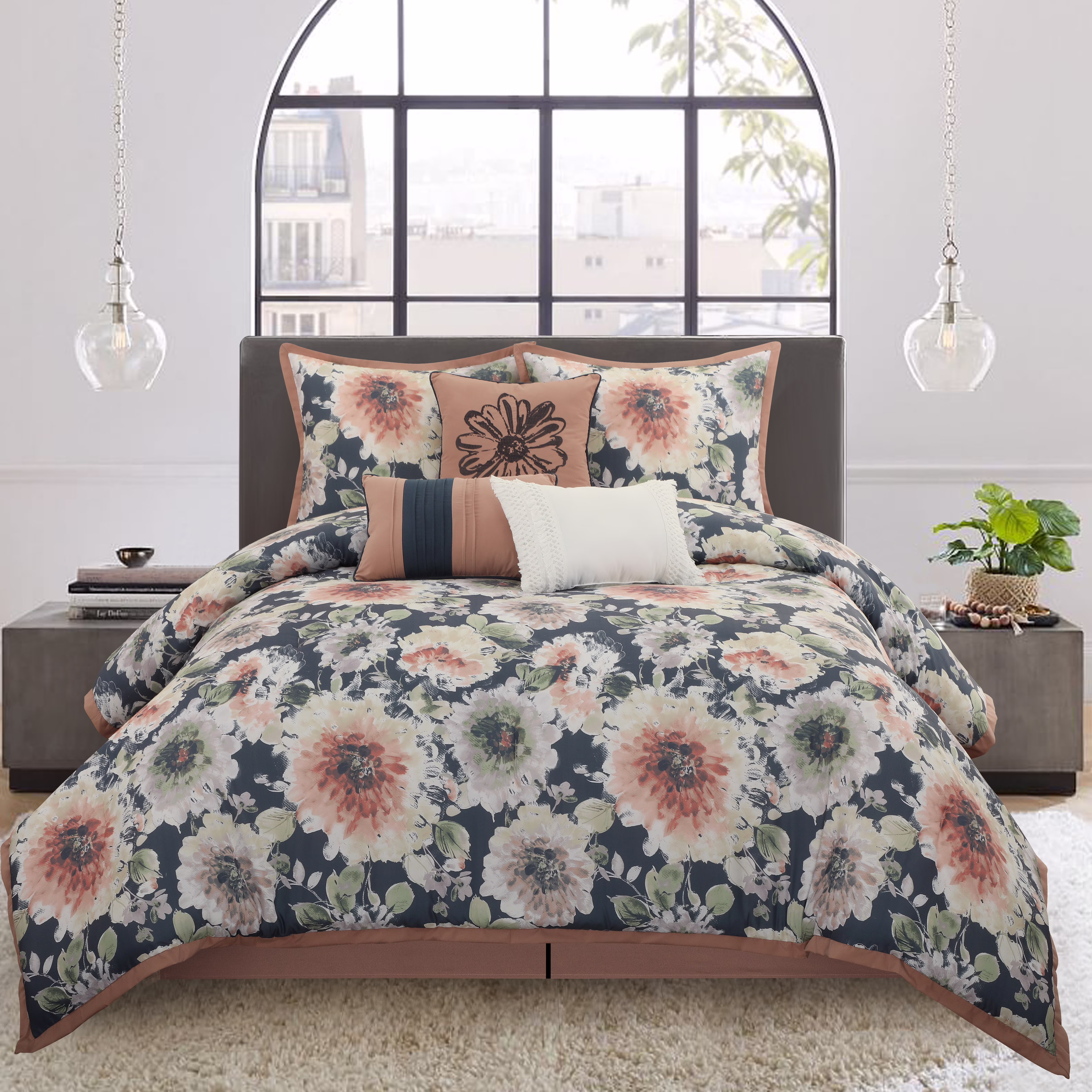 Nanshing Millie 7 Piece Floral Shabby Chic Comforter Set, California King, Navy/Blush