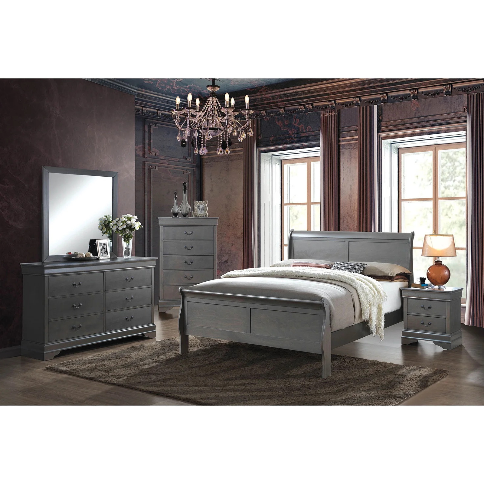 Transitonal Style Gray Solid wood 4pc Bedroom Set Eastern King Size Bed Dresser Mirror Nightstand Master Bedroom Furniture